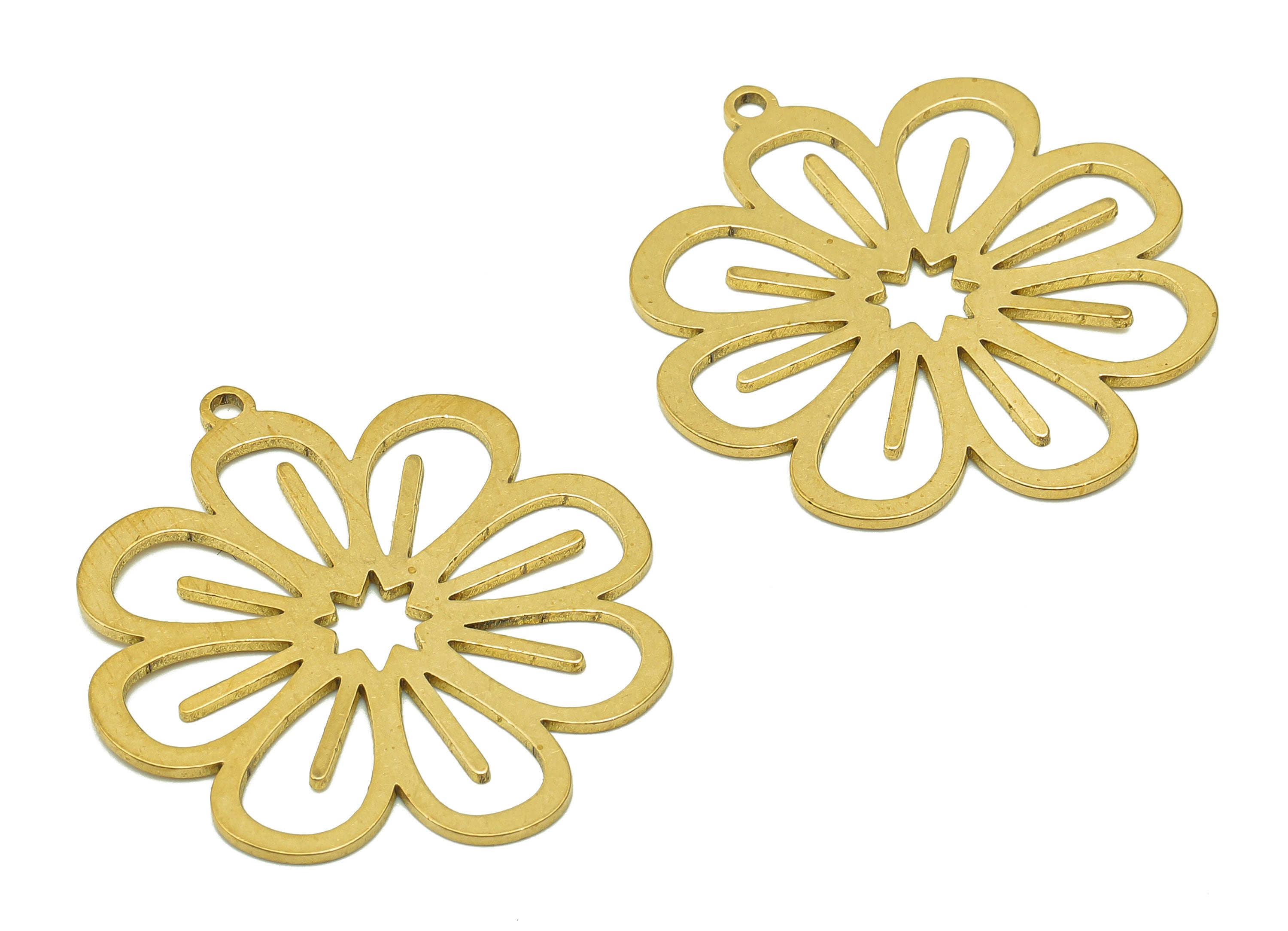 Brass Flower Earring Charms - Raw Brass Flower Earring - Flower Pendant With Loop - Botanical Charm For Necklace - 31.8x29.5x0.8mm - PPA6134 - DOMEDBAZAAR