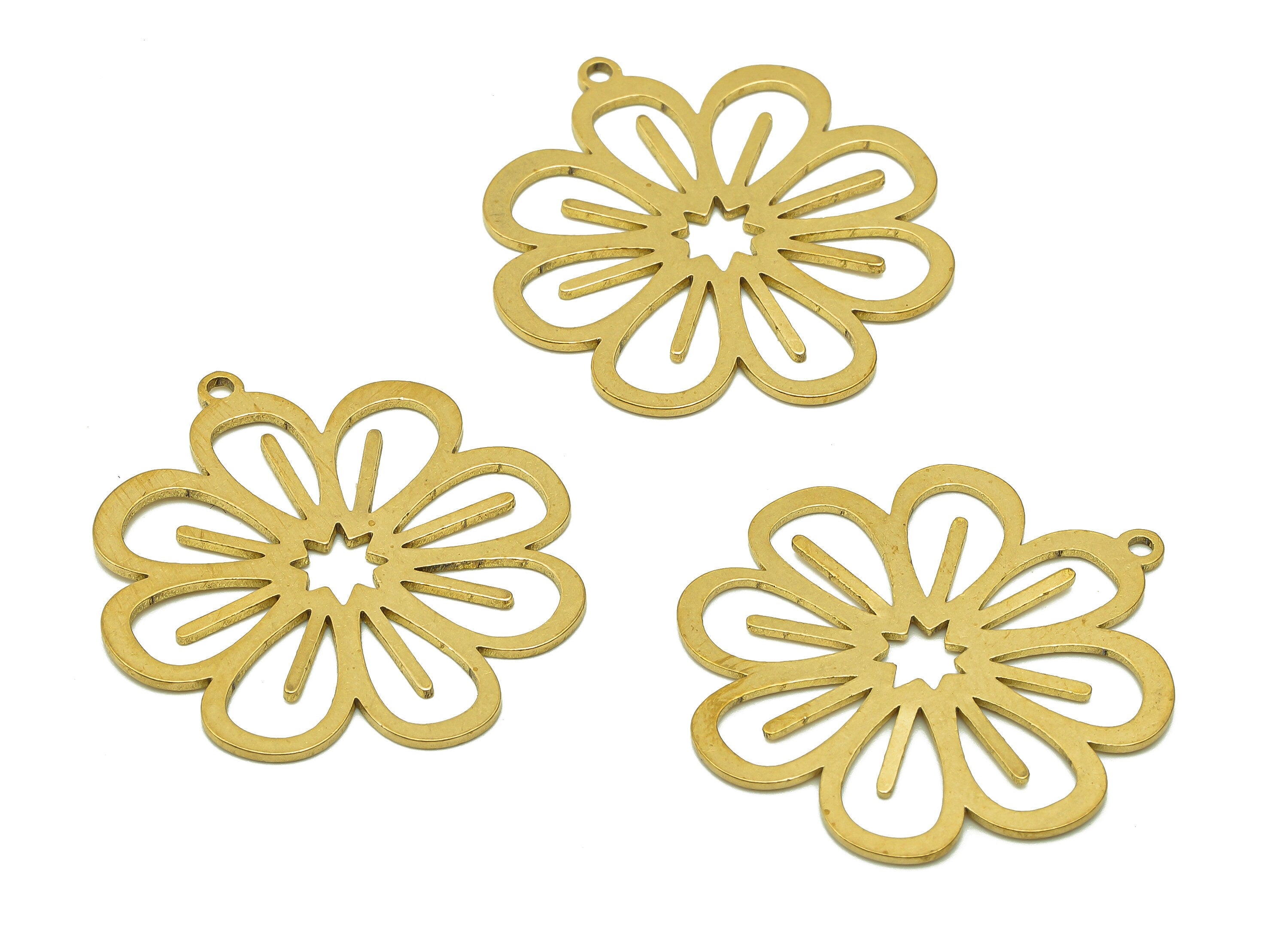 Brass Flower Earring Charms - Raw Brass Flower Earring - Flower Pendant With Loop - Botanical Charm For Necklace - 31.8x29.5x0.8mm - PPA6134 - DOMEDBAZAAR
