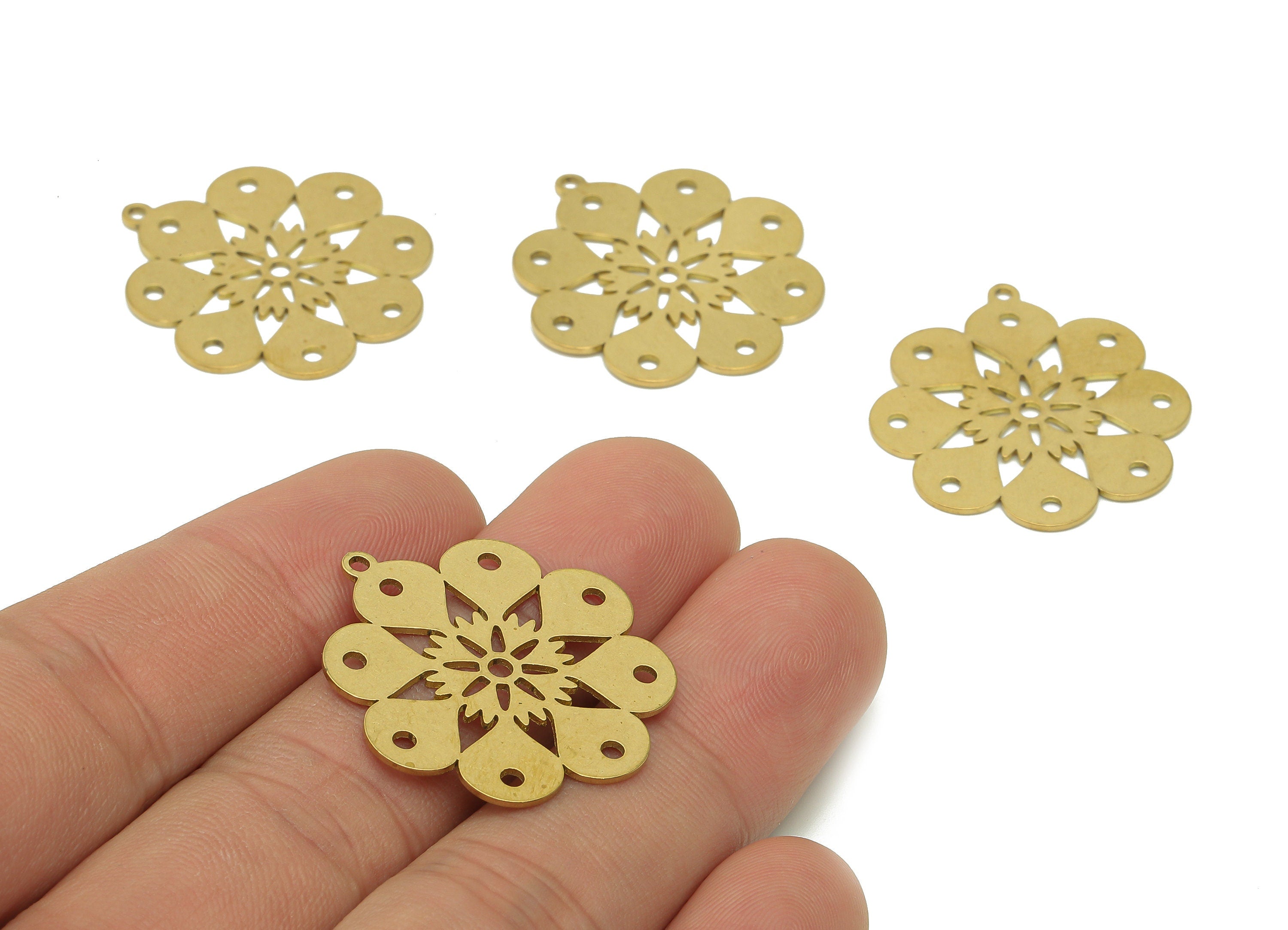 Brass Flower Earring Charms - Raw Brass Flower Earring - Flower Pendant With Loop - Botanical Charm For Necklace - 29.9x27.6x0.7mm - PPA6136 - DOMEDBAZAAR