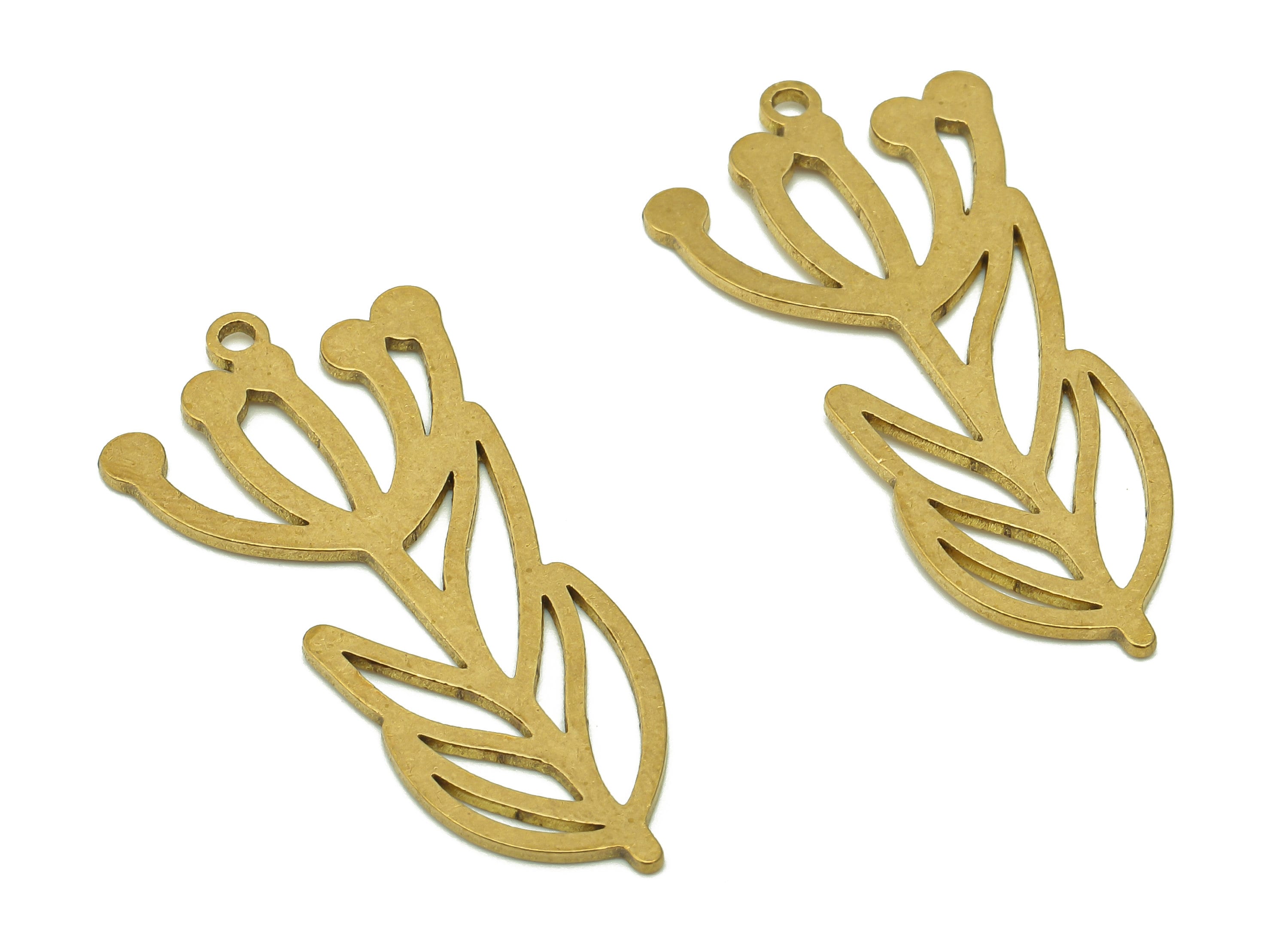 Brass Flower Earring Charms - Raw Brass Cutout Earring - Flower Pendant With Loop - Botanical Charm For Necklace - 35.8x17.1x0.8mm - PPA6214 - DOMEDBAZAAR