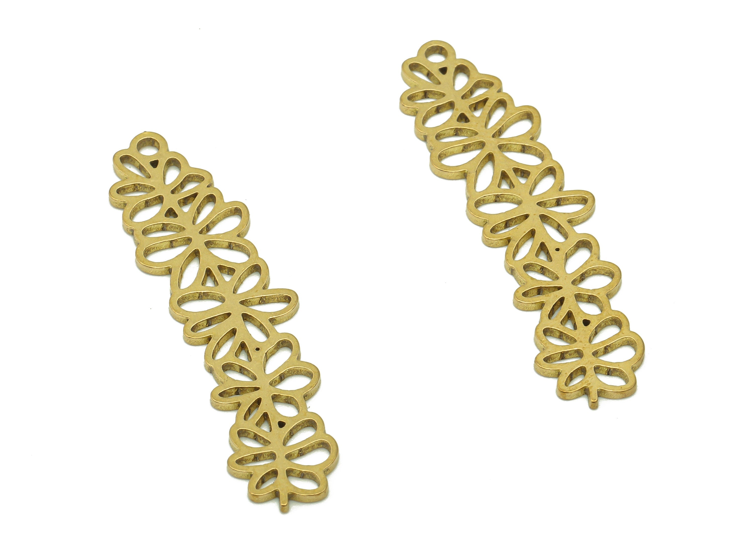 Brass Flower Earring Charms - Raw Brass Branch Earring - Leaf Pendant With Loop - Botanical Charm For Necklace - 35.8x9.2x0.8mm - PPA6326 - DOMEDBAZAAR