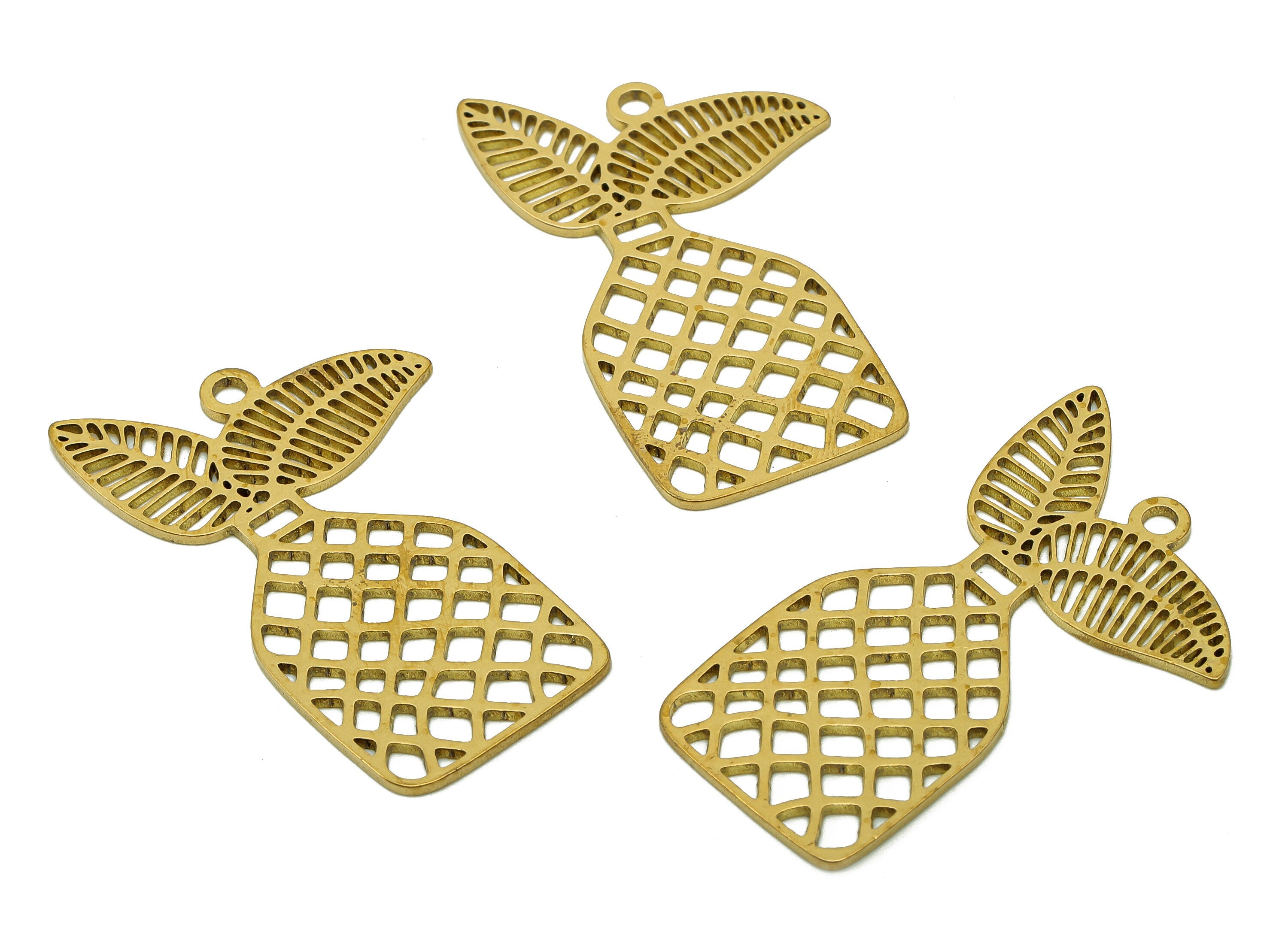 Brass Flower Pot Earring Charm - Raw Brass Mesh Hollow Earring - Botanical Pendant With Loop - Leaf Charm For Necklace-37.6x23x0.8mm-PPA6334 - DOMEDBAZAAR