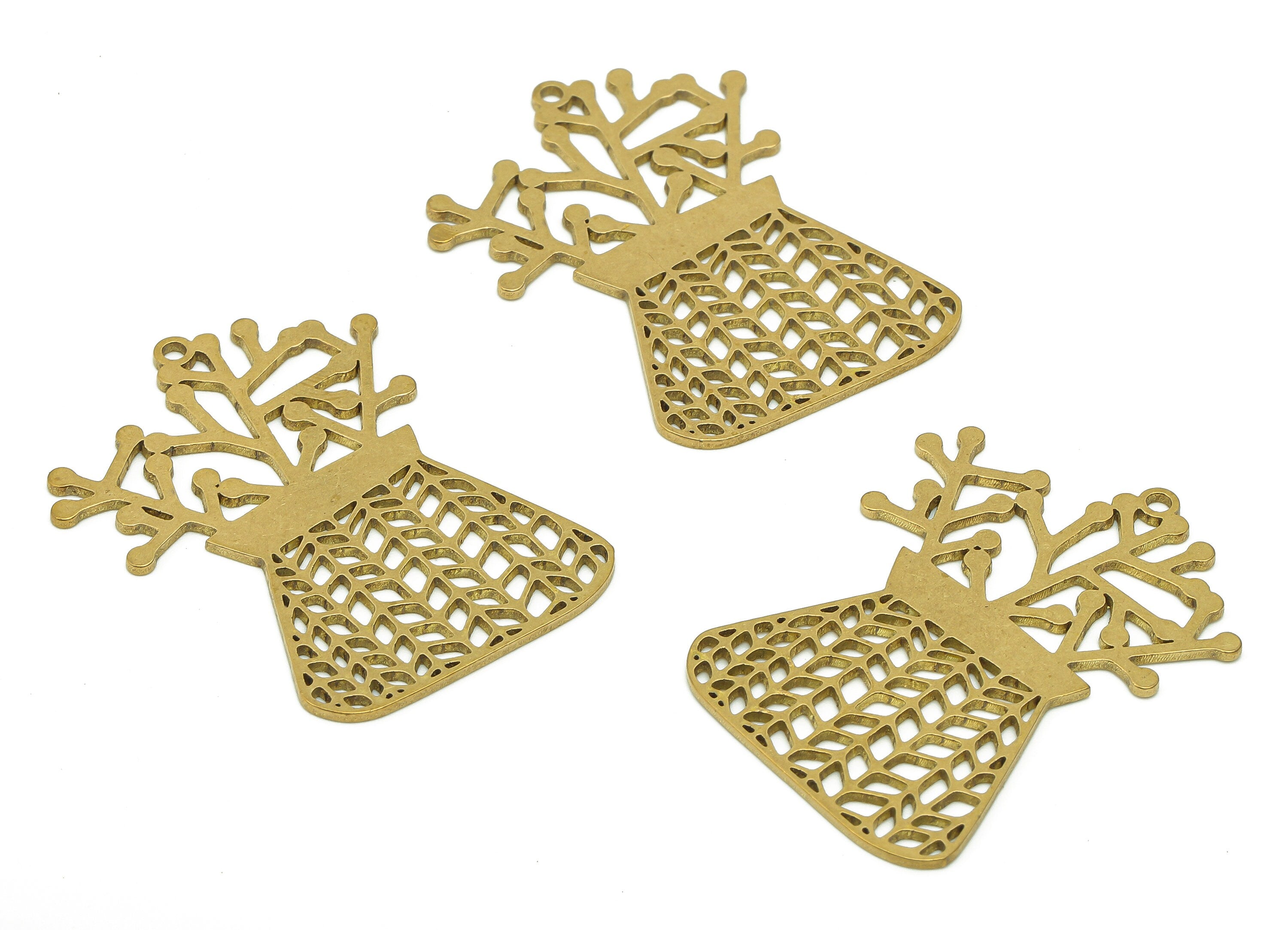 Brass Mat Flower Pot Earring - Raw Brass Hollow Earring Charm - Botanical Pendant With Loop - Trapezoid Pot Charm - 37.4x26.8x0.9mm -PPA6344 - DOMEDBAZAAR