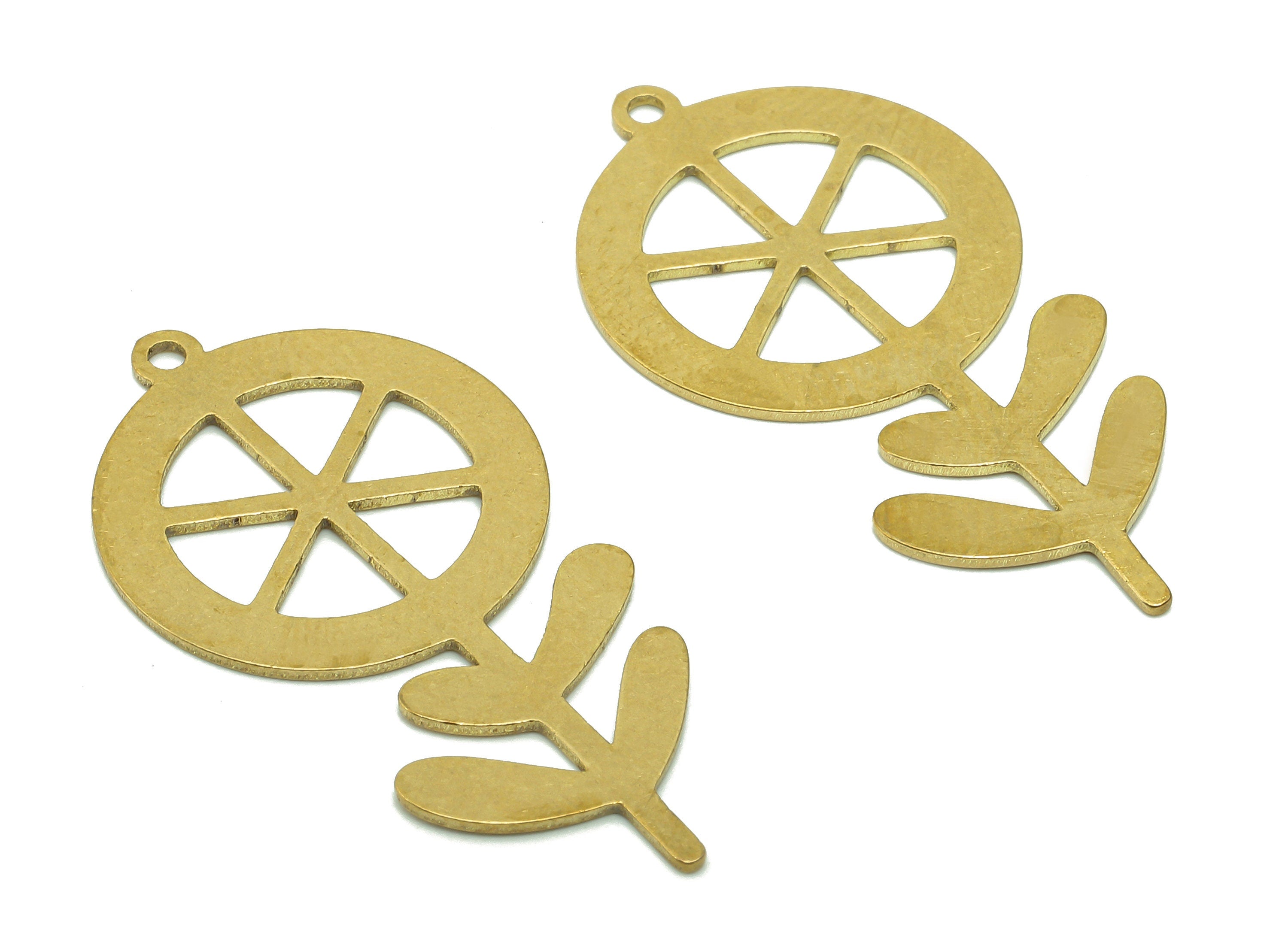 Brass Tire Flower Earring Charms - Raw Brass Leaf Earring - Wheel Pendant With Loop - Botanical Charm For Necklace -35.3x18.1x0.7mm-PPA5800 - DOMEDBAZAAR