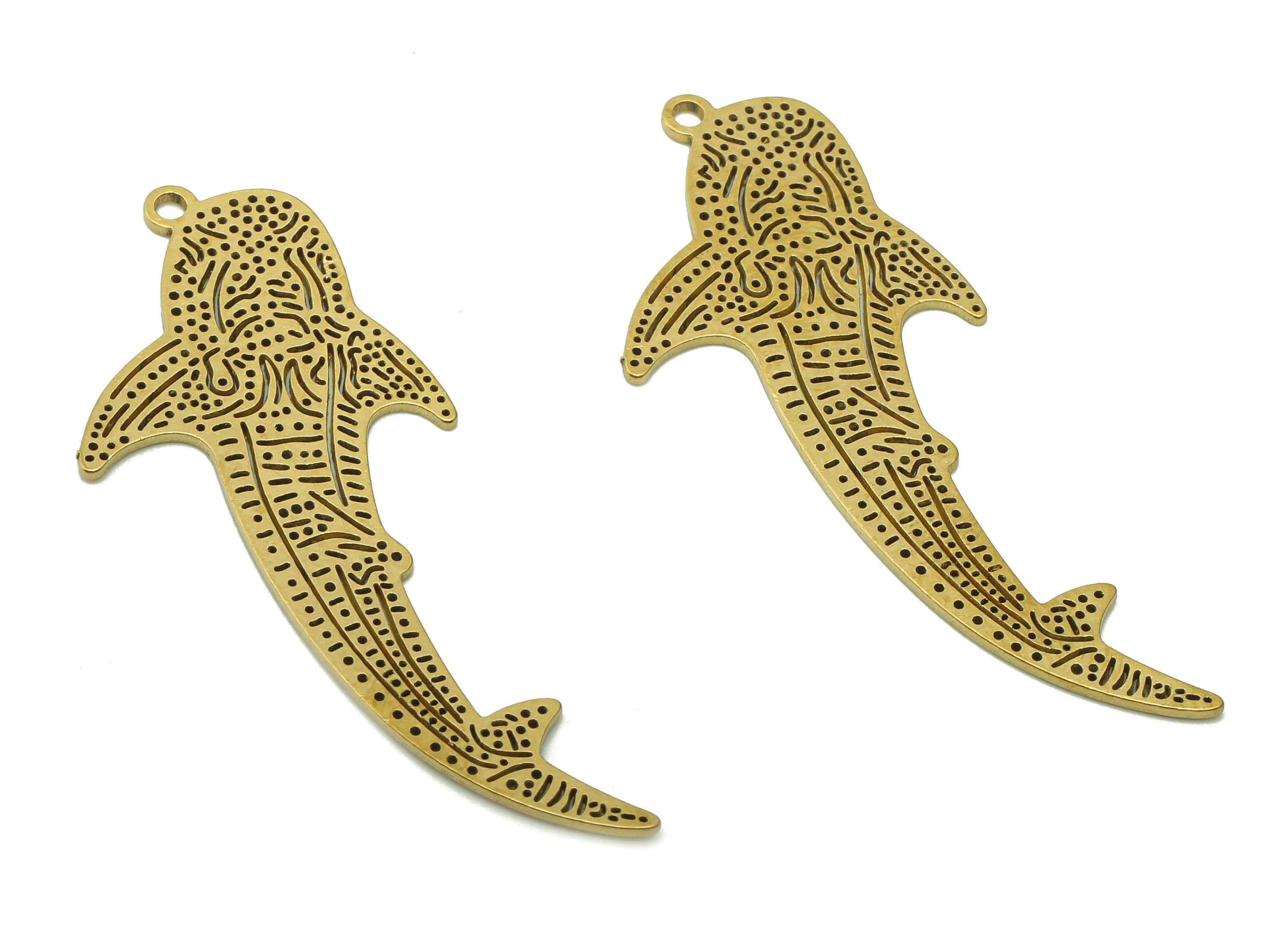 Brass Textured Fish Earring Charms - Raw Brass Dot Shark Earring - Spot Pendant With Loop - Ocean Charm For Necklace-46.1x19.6x0.7mm-PPA5900 - DOMEDBAZAAR