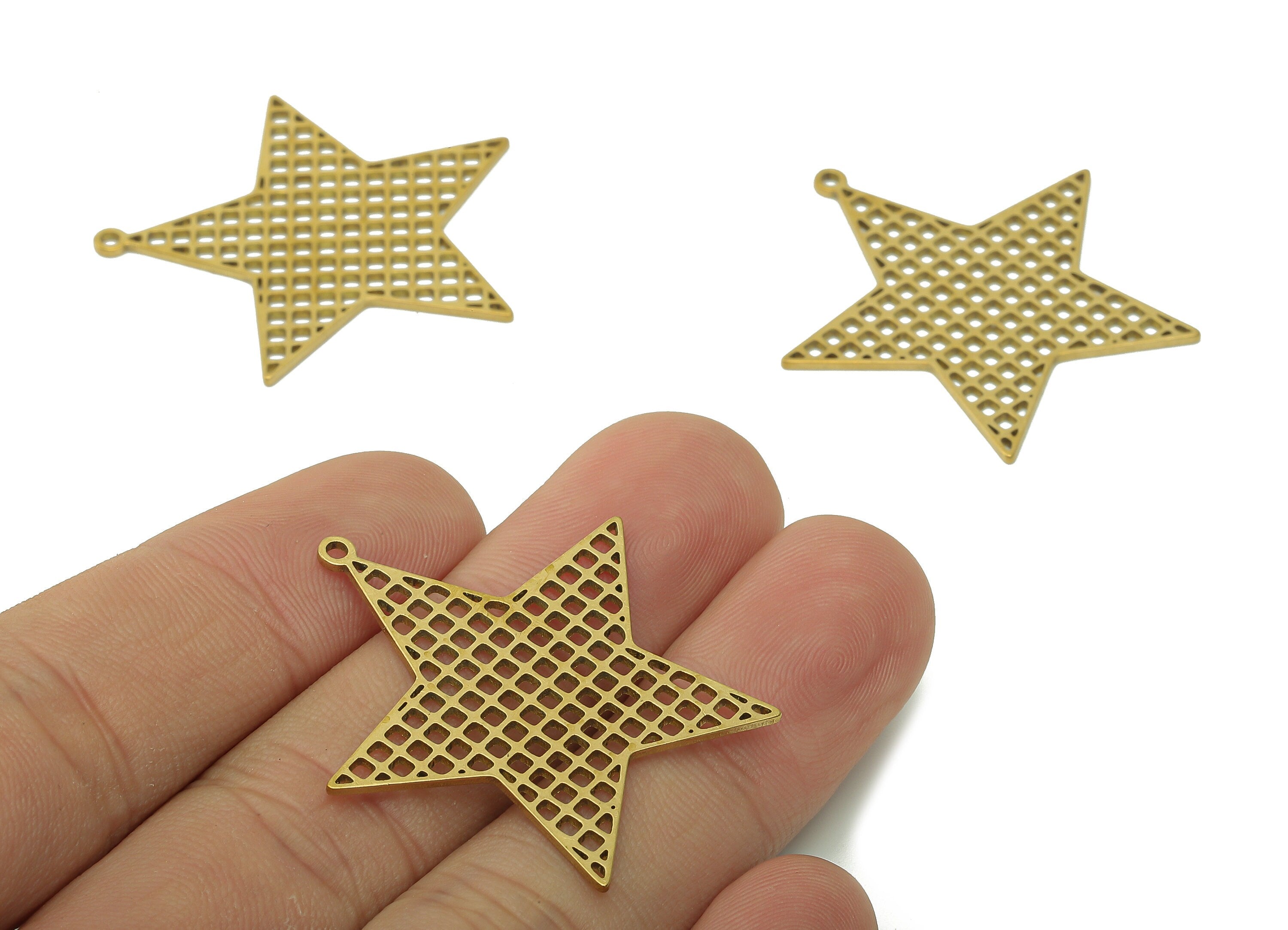 Brass Five-pointed Star Earring Charm - Raw Brass Square Cutout Earring - Pendant With Loop - Mesh Star Charm - 35.3x34.7x0.9mm - PPA5971 - DOMEDBAZAAR