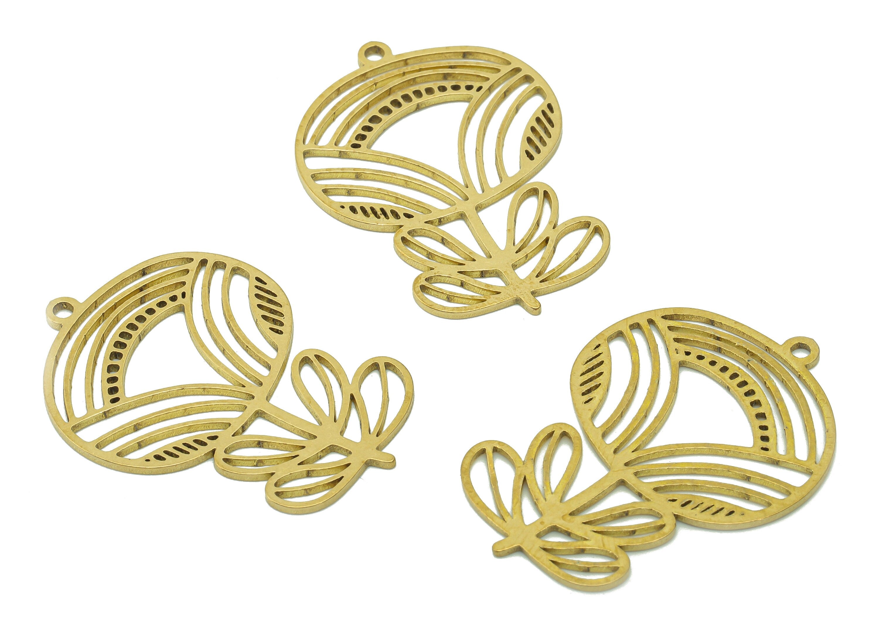Brass Flower Earring Charms - Raw Brass Hollow Earring - Pendant With Loop - Botanical Charm For Necklace - 34.9x24.2x0.9mm - PPA5978 - DOMEDBAZAAR
