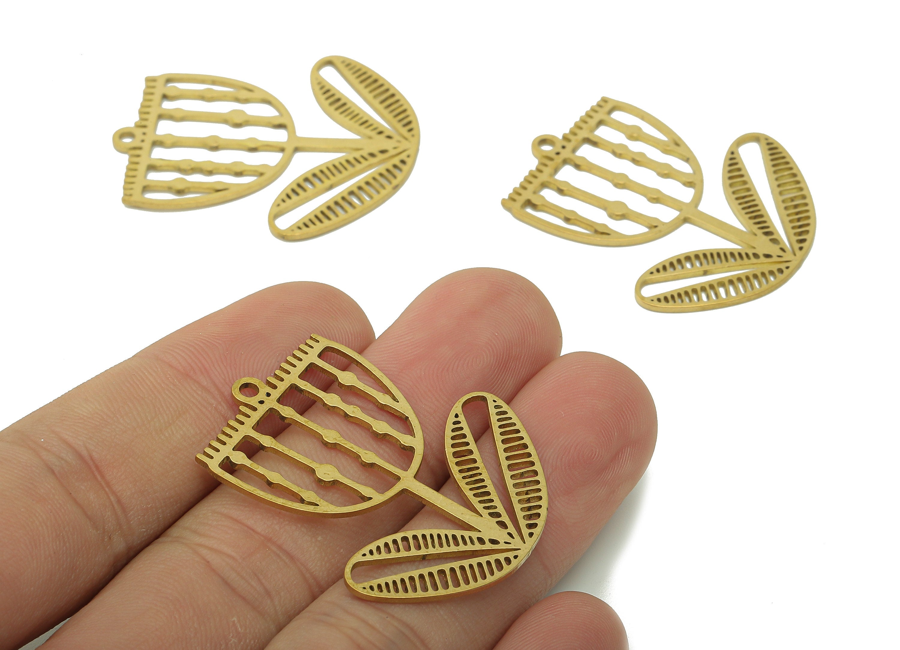 Brass Flower Earring Charms - Raw Brass Semicircle Earring - Pendant With Loop - Botanical Charm For Necklace - 37.8x32.3x0.9mm - PPA6000 - DOMEDBAZAAR