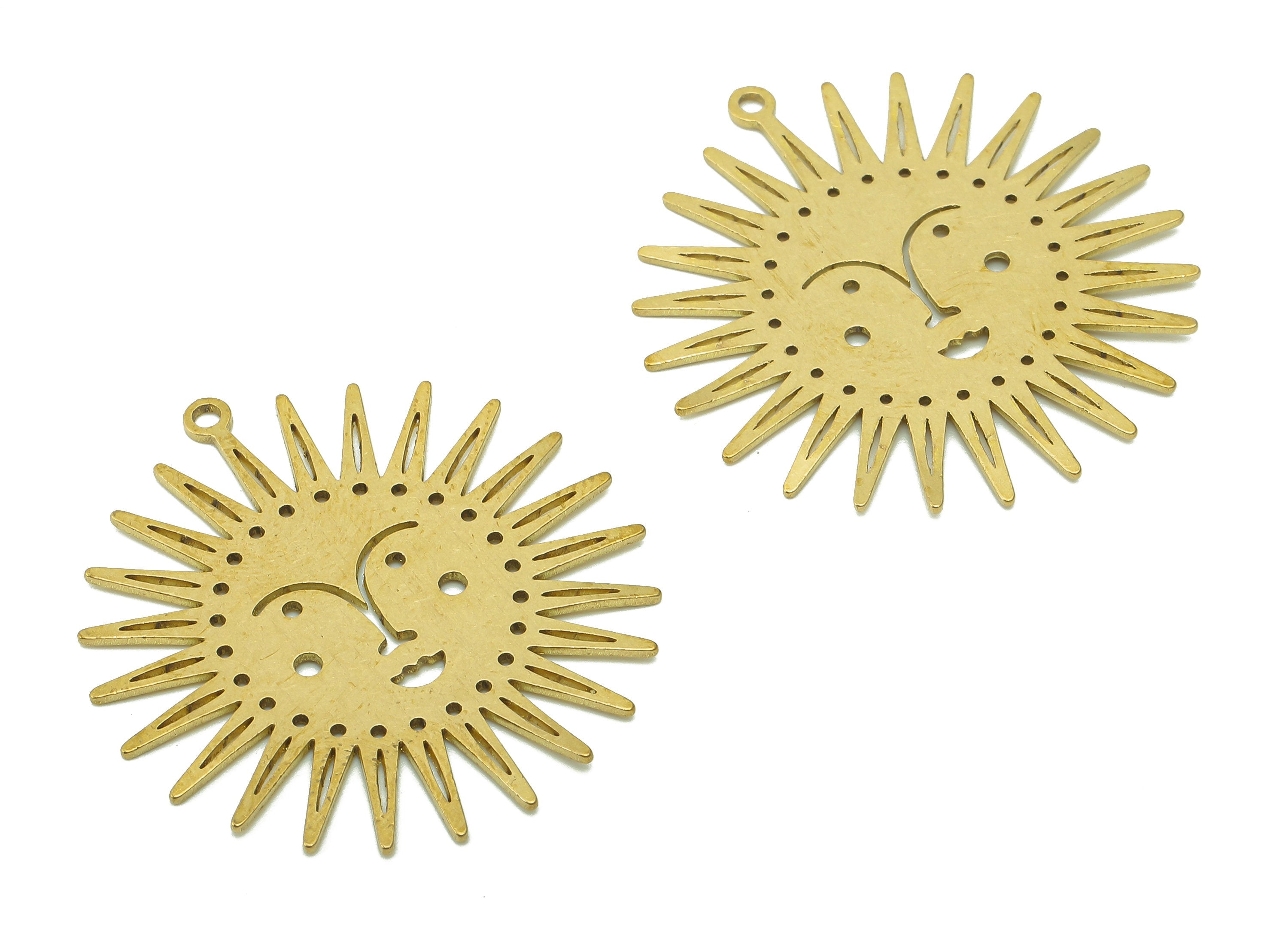 Brass Sun Face Earring Charms - Raw Brass Sun Earring - Face Pendant With Loop - Sun Face Charm For Necklace - 34.9x32.6x0.7mm - PPA6018 - DOMEDBAZAAR