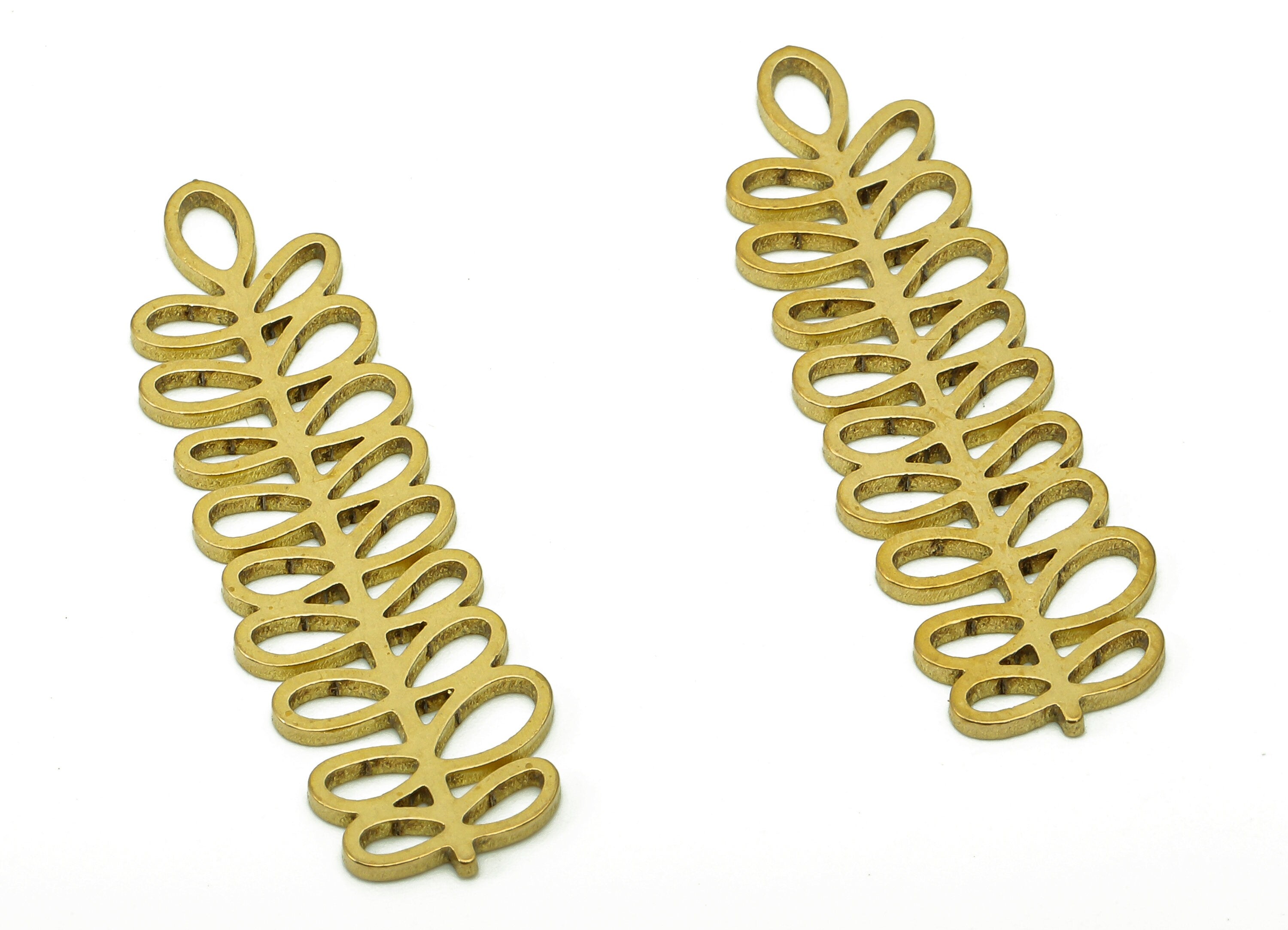 Brass Leaves Earring Charms - Raw Brass Plant Cutout Earring - Botanical Pendant - Leaf Branch Charm - 35x10.3x0.8mm - PPA6361 - DOMEDBAZAAR