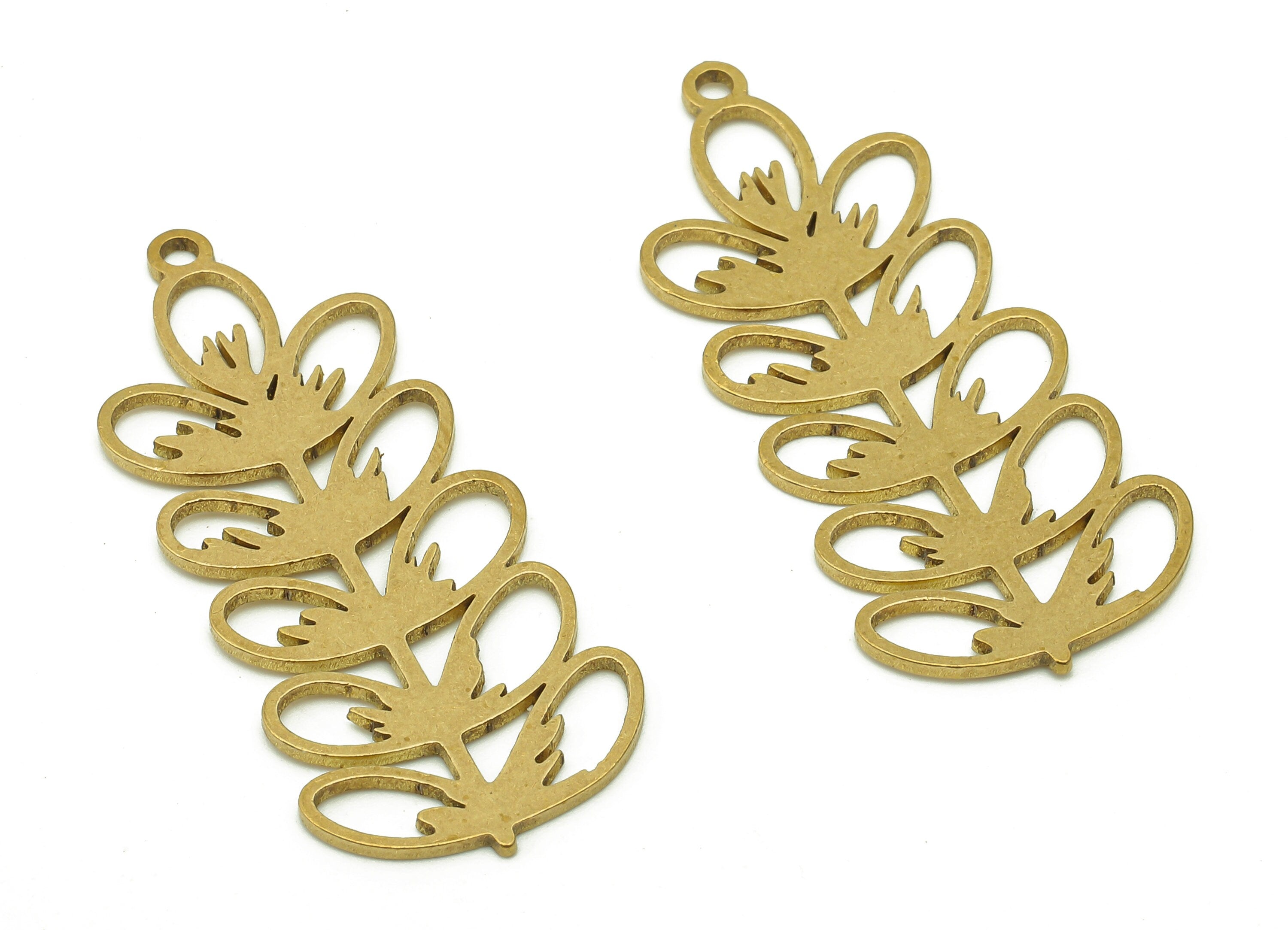 Brass Flower Earring Charms - Raw Brass Leaves Earring - Leaf Pendant With Loop - Botanical Charm For Necklace - 36.8x15.6x0.8mm - PPA6365 - DOMEDBAZAAR