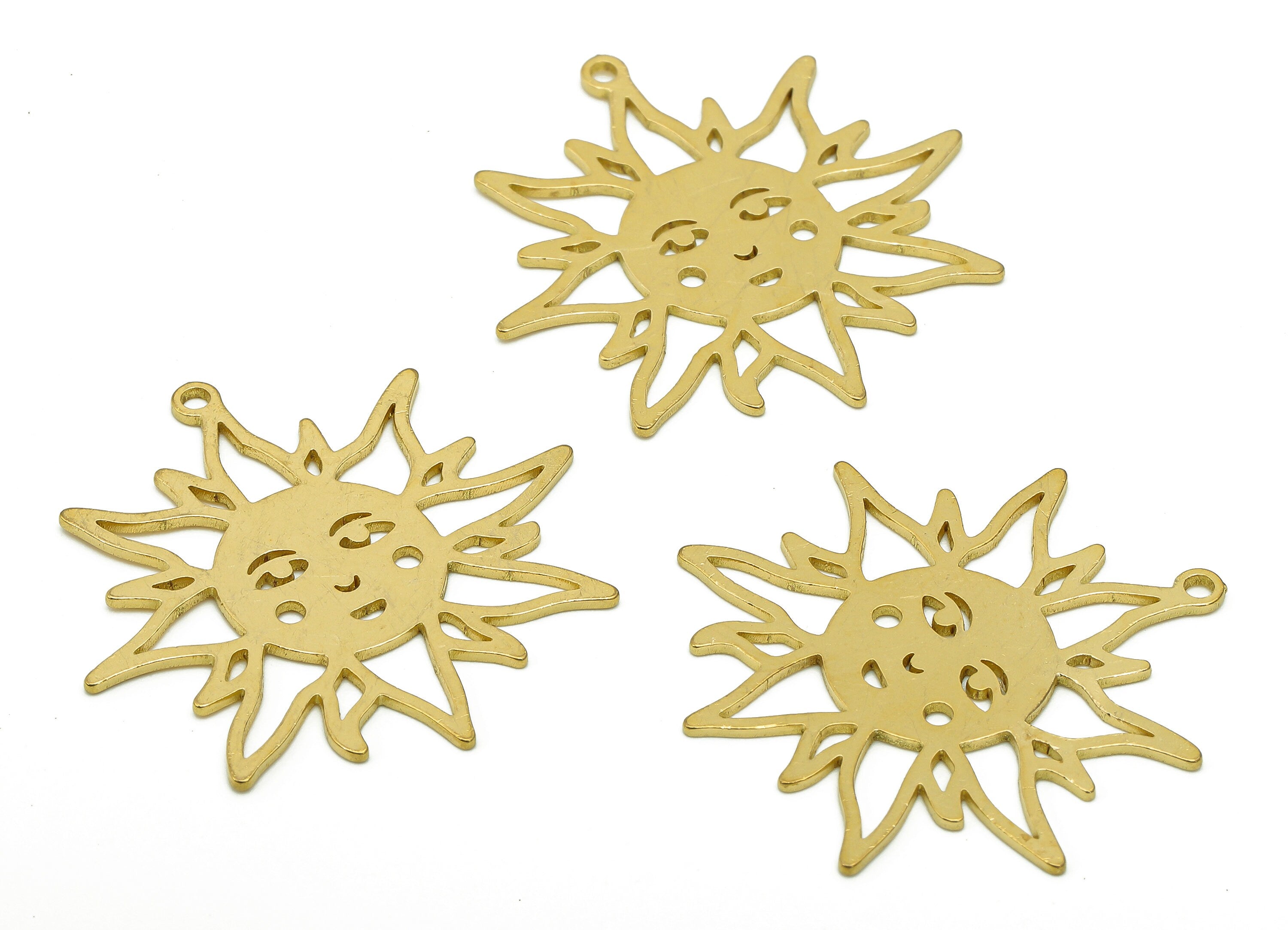 Brass Sun Face Earring Charms - Raw Brass Face Earring - Pendant With Loop - Sun Face Charm For Necklace - 31.9x31.8x0.8mm - PPA6367 - DOMEDBAZAAR