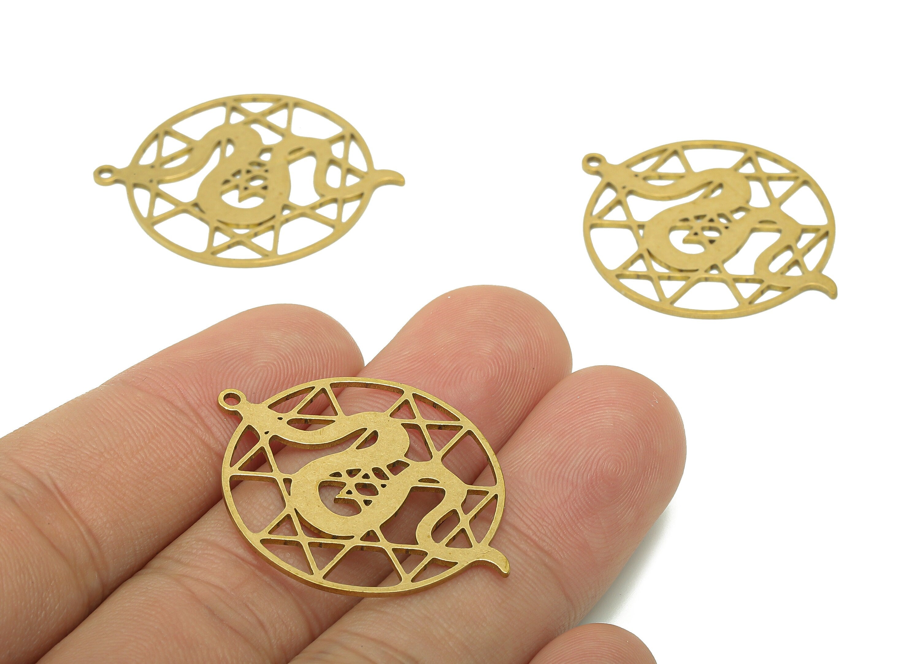 Brass Round Snake Earring Charms - Raw Brass Snake Earring - Circle Pendant With Loop - Snake Charm - 34.9x27.6x0.8mm - PPA6389 - DOMEDBAZAAR