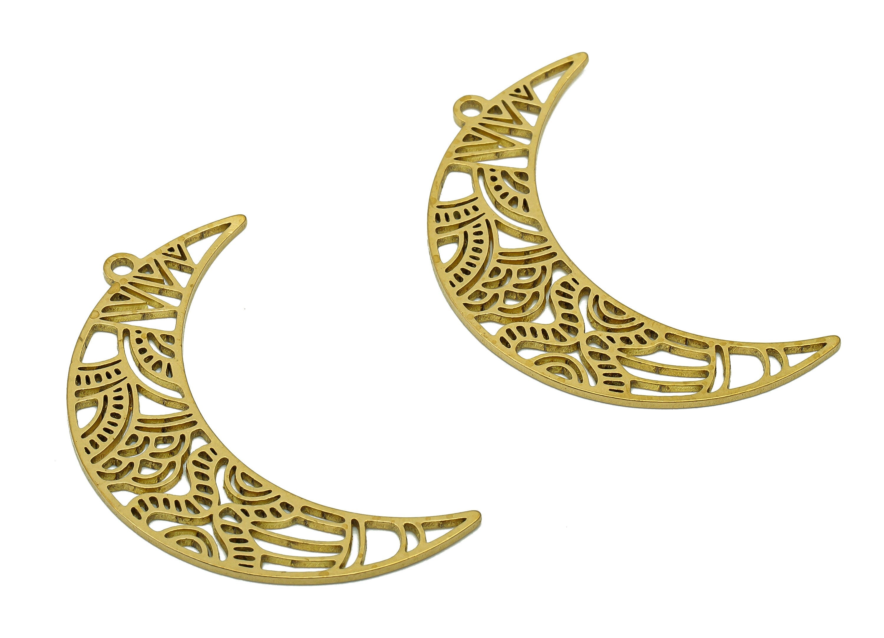 Brass Crescent Earring Charm - Raw Brass The Moon Pendant - Hollow Earring With Loop - Charm For Necklace - 39x10.7x0.8mm - PPA6399 - DOMEDBAZAAR
