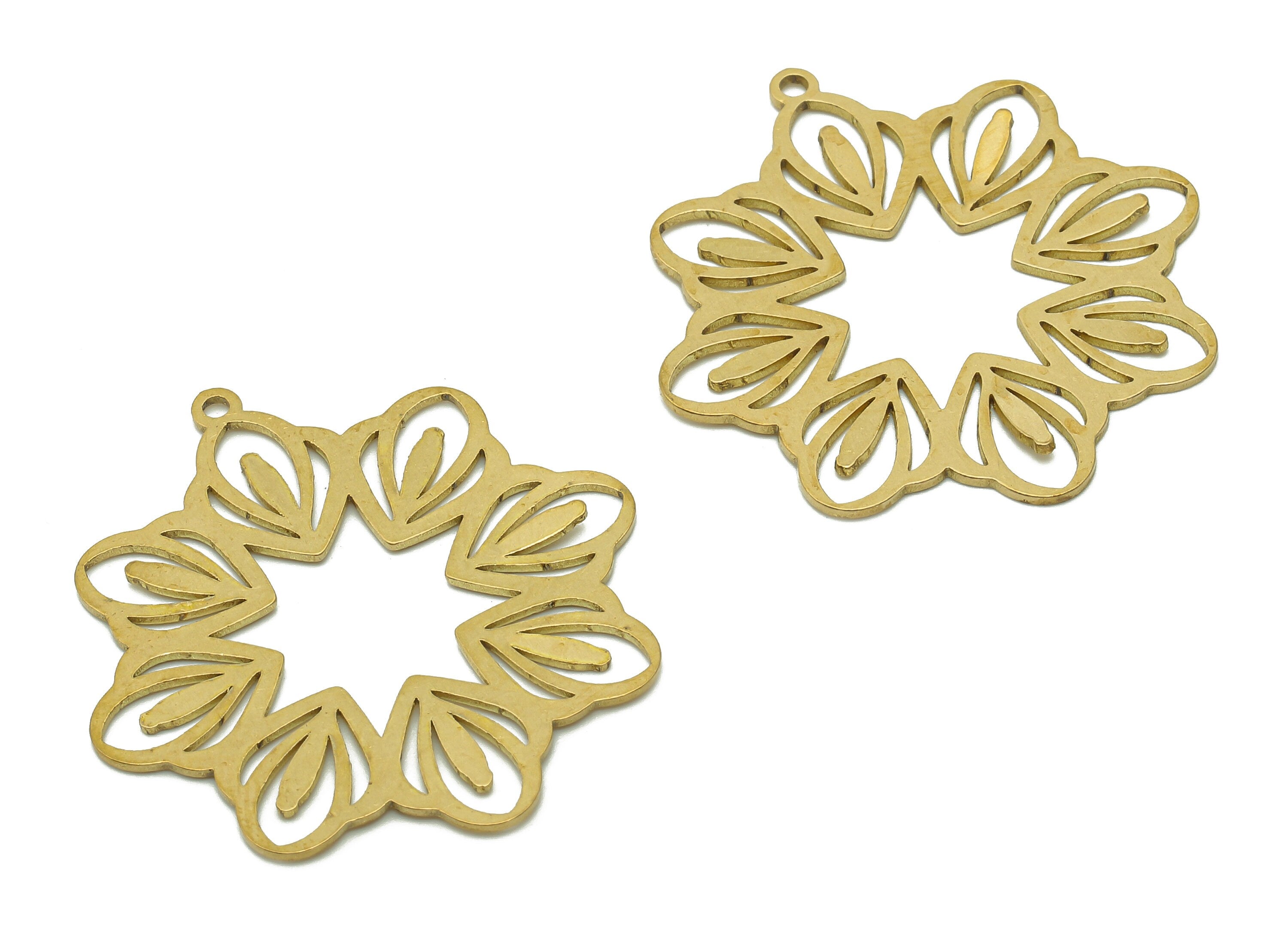 Brass Flower Earring Charms - Raw Brass Flower Earring - Plant Pendant With Loop - Botanical Charm For Necklace - 34.8x32.3x0.6mm - PPA6435 - DOMEDBAZAAR