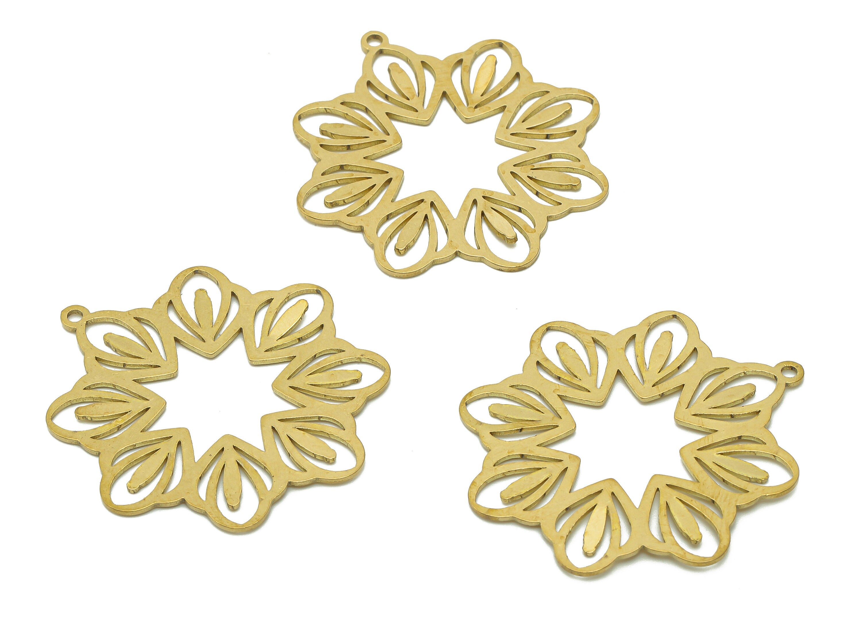 Brass Flower Earring Charms - Raw Brass Flower Earring - Plant Pendant With Loop - Botanical Charm For Necklace - 34.8x32.3x0.6mm - PPA6435 - DOMEDBAZAAR