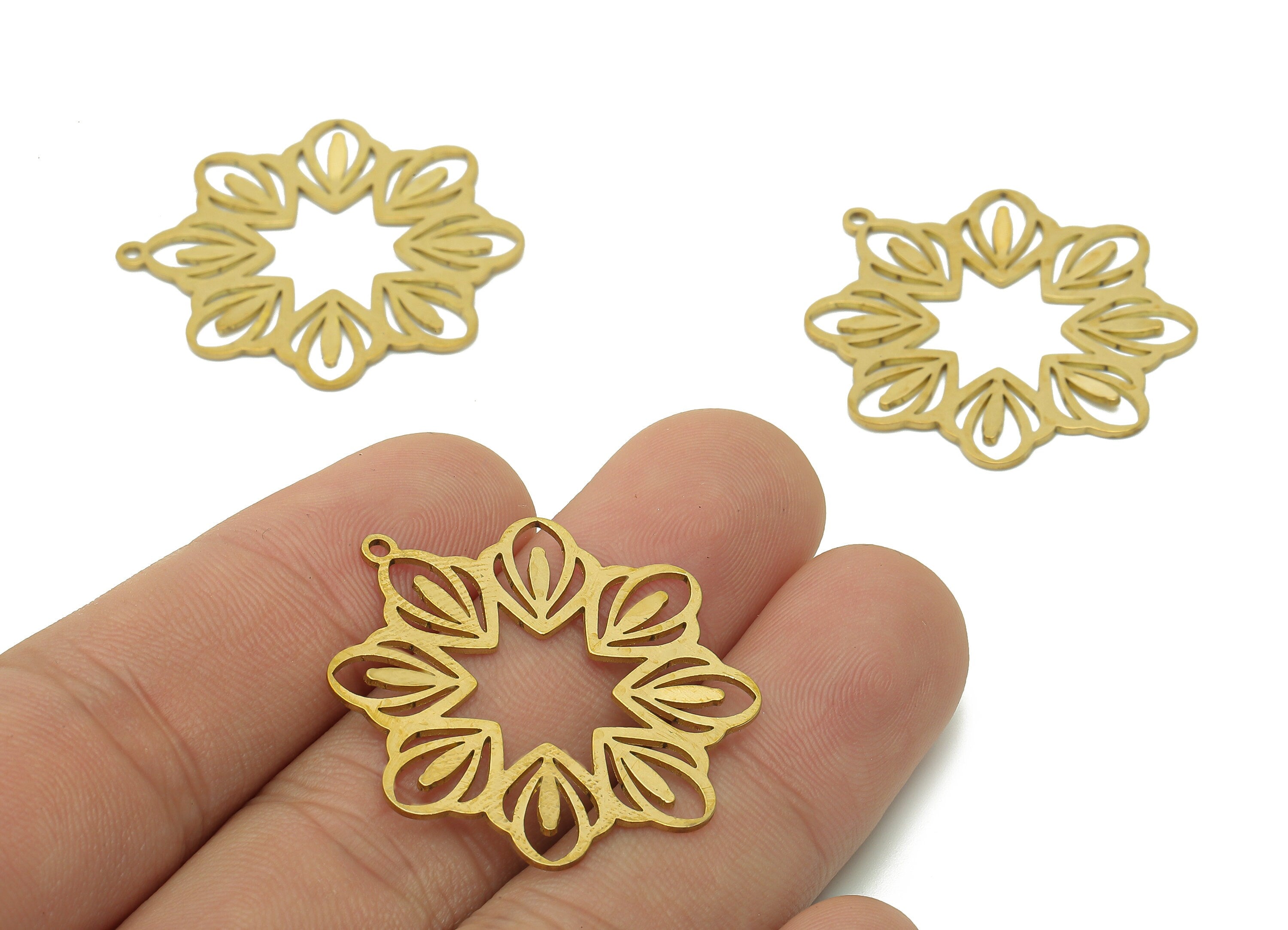 Brass Flower Earring Charms - Raw Brass Flower Earring - Plant Pendant With Loop - Botanical Charm For Necklace - 34.8x32.3x0.6mm - PPA6435 - DOMEDBAZAAR