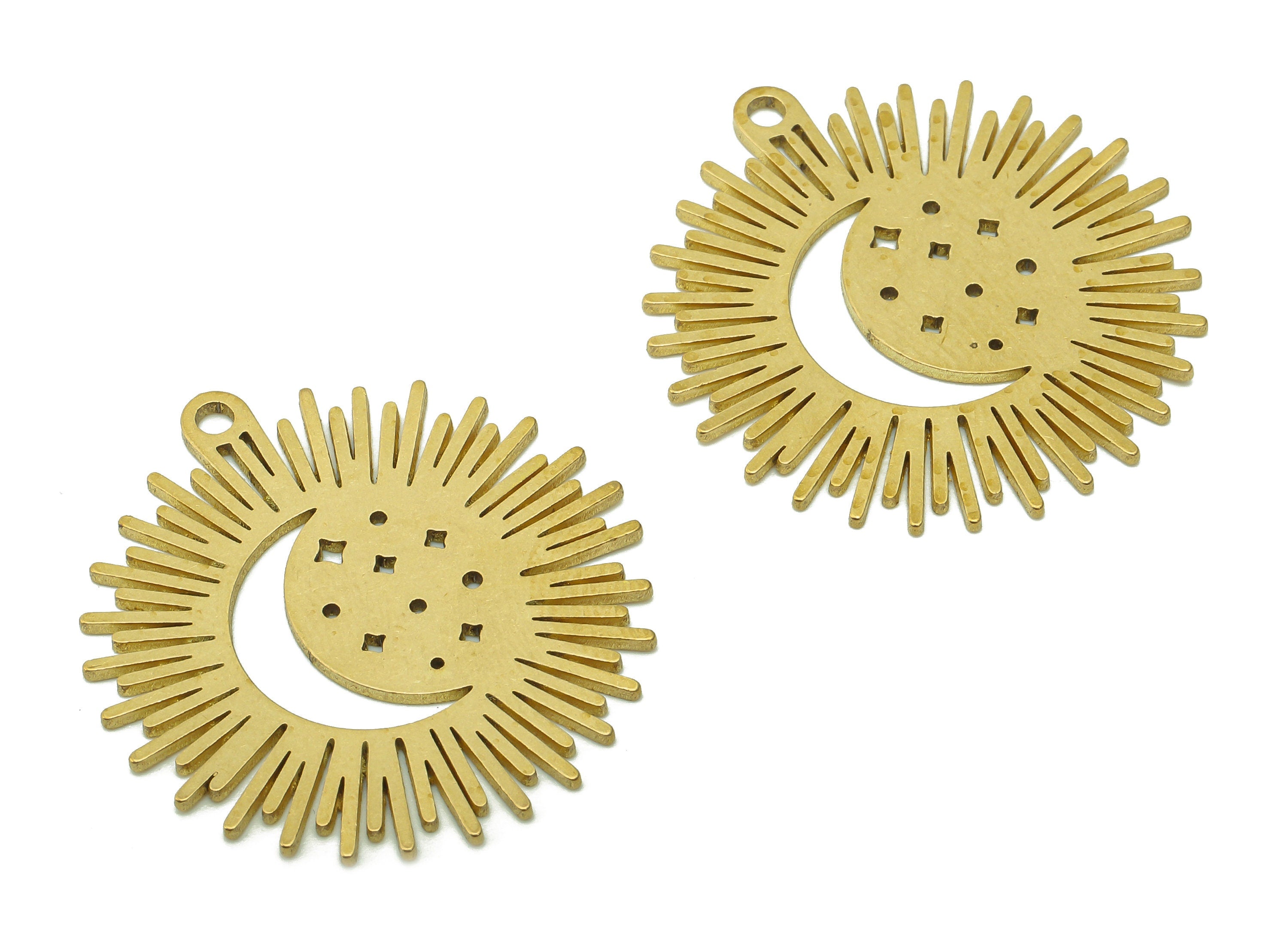 Brass Sun Moon Earring Charms - Raw Brass Crescent Star Earring - Moon Pendant With Loop - Charm For Necklace - 32x30.2x0.9mm - PPA6086 - DOMEDBAZAAR