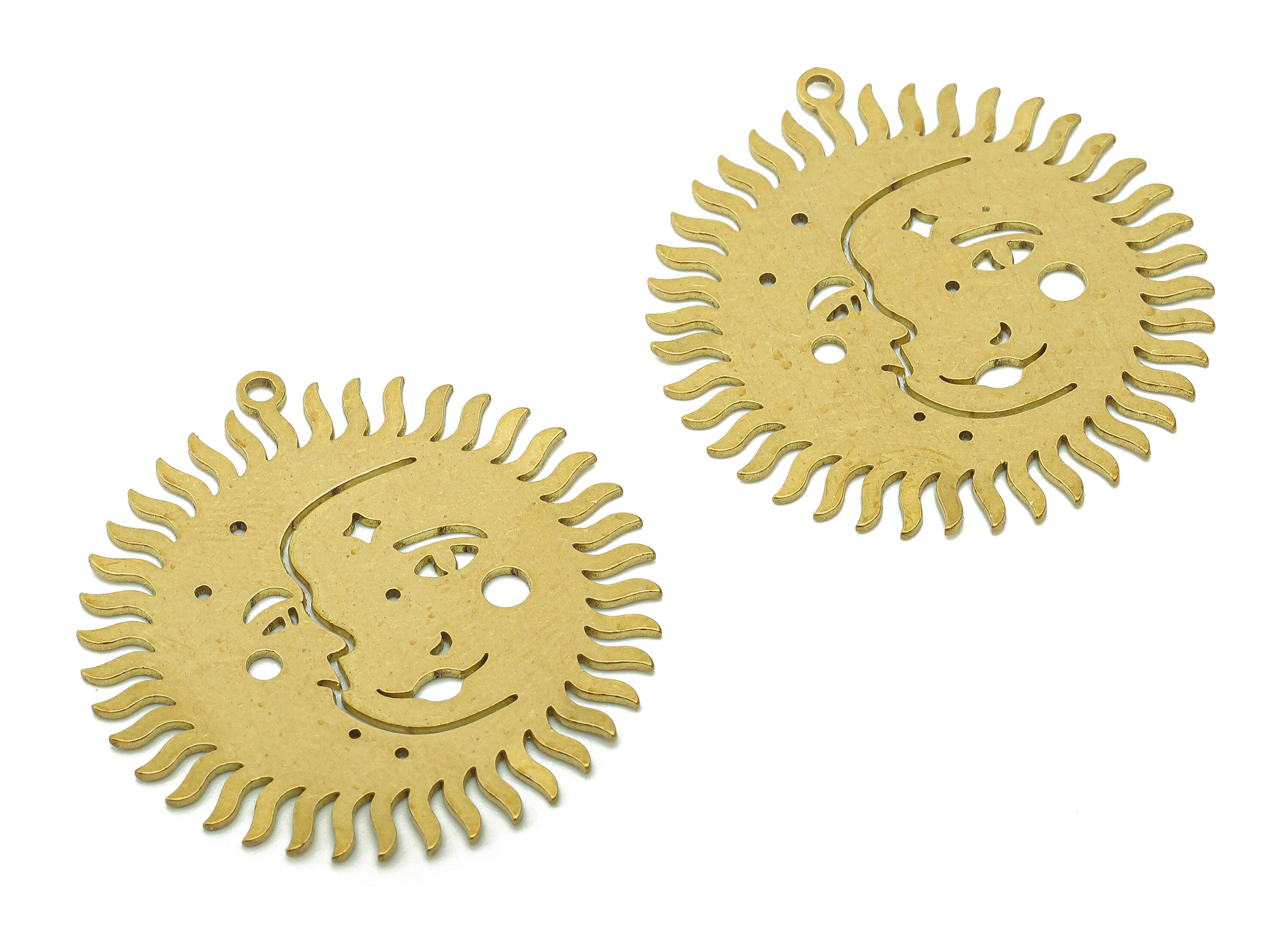 Brass Sun Face Earring Charms - Raw Brass Mask Face Earring - Sun Pendant With Loop - Face Charm For Necklace - 34.8x32.8x0.7mm - PPA6091 - DOMEDBAZAAR