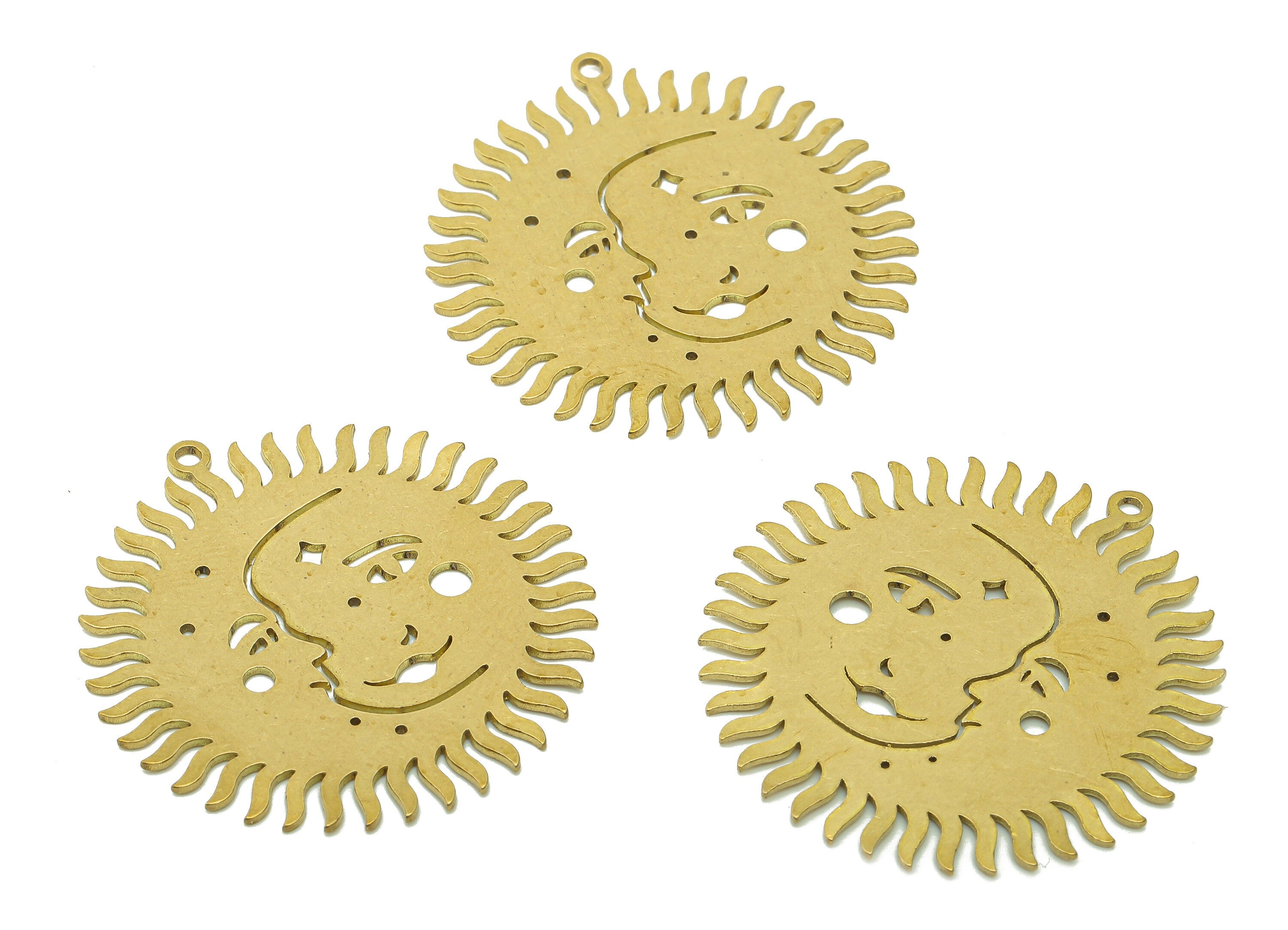 Brass Sun Face Earring Charms - Raw Brass Mask Face Earring - Sun Pendant With Loop - Face Charm For Necklace - 34.8x32.8x0.7mm - PPA6091 - DOMEDBAZAAR
