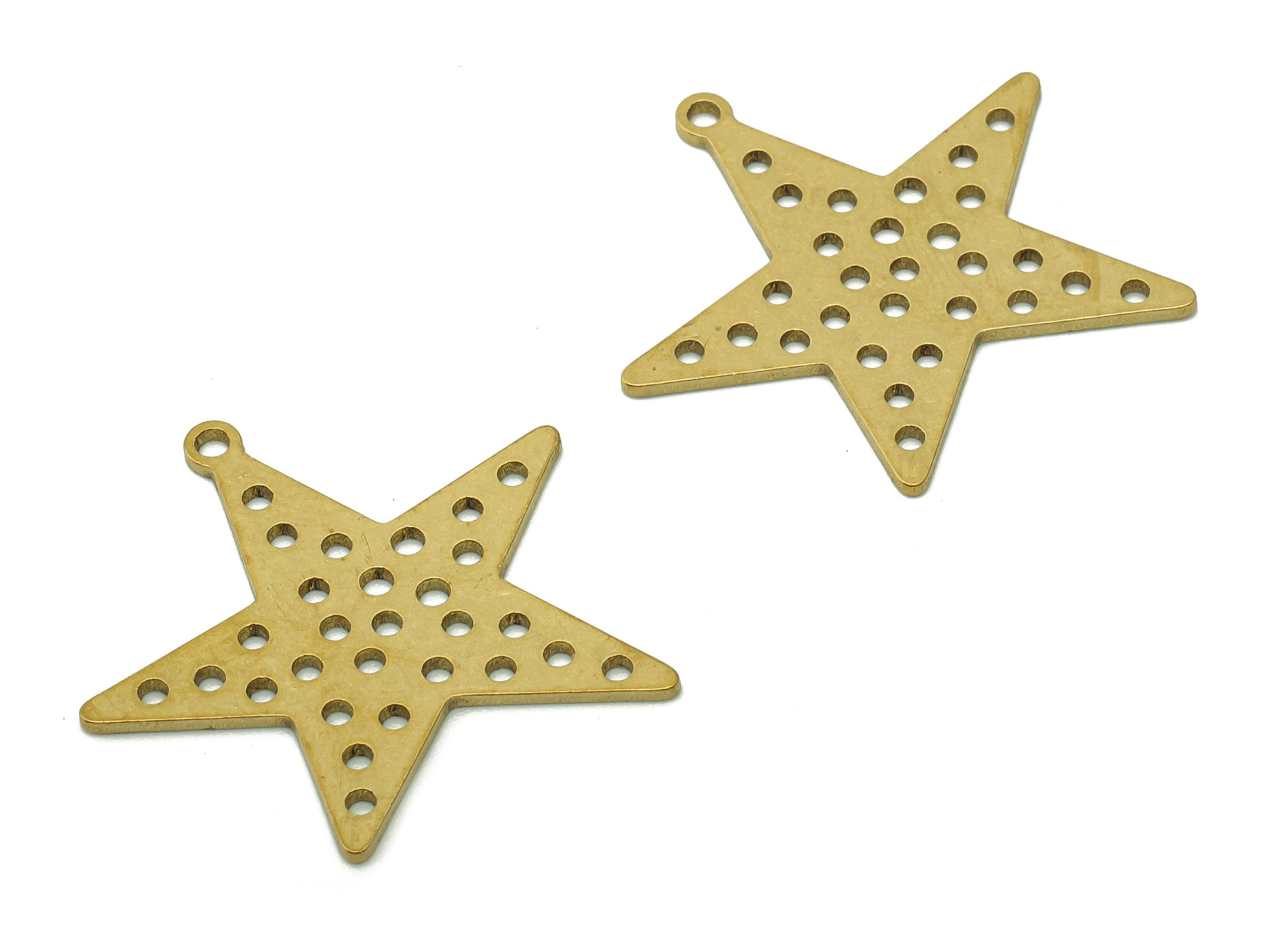 Brass Five-pointed Star Earring Charm - Raw Brass Round Dots Cutout Earring - Pendant With Loop - For Necklace - 27.5x25.9x0.8mm - PPA6199 - DOMEDBAZAAR