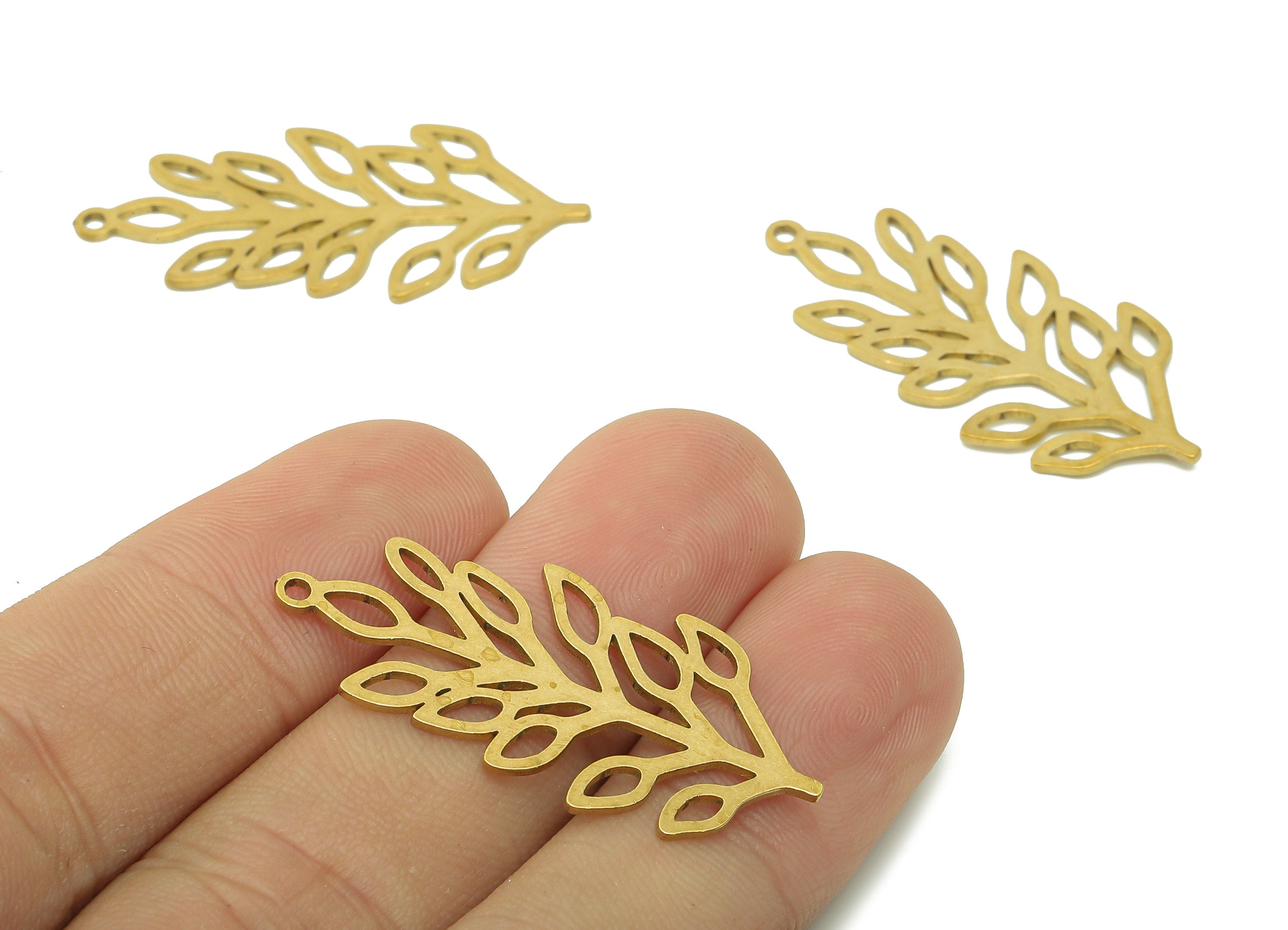 Brass Leaves Earring Charms - Raw Brass Plant Cutout Earring - Botanical Pendant With Loop - Leaf Branch Charm - 37.9x17.9x0.8mm - PPA6202 - DOMEDBAZAAR