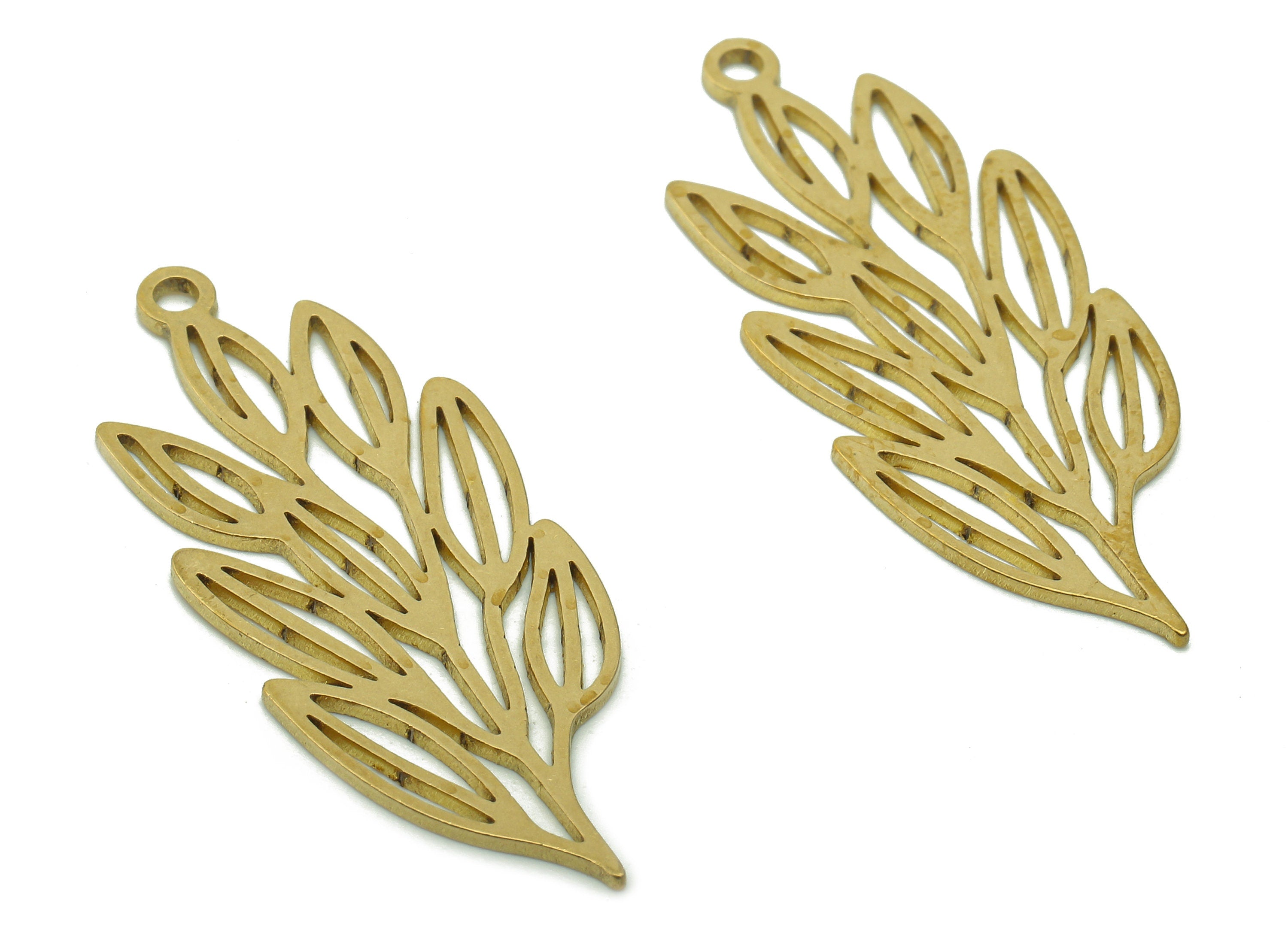 Brass Leaves Earring Charms - Raw Brass Plant Cutout Earring - Botanical Pendant With Loop - Leaf Branch Charm - 34.8x14.2x0.8mm - PPA6217 - DOMEDBAZAAR