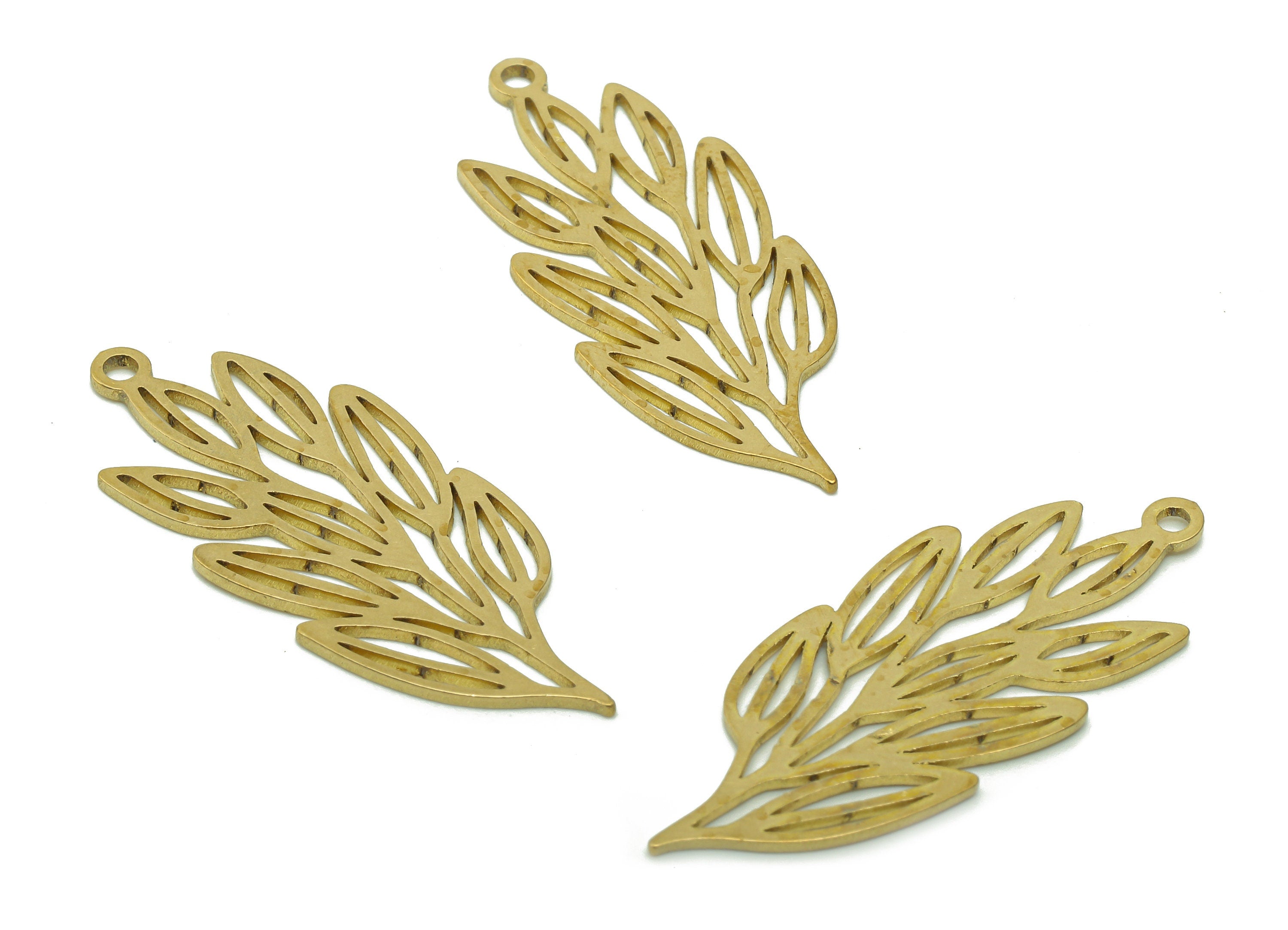 Brass Leaves Earring Charms - Raw Brass Plant Cutout Earring - Botanical Pendant With Loop - Leaf Branch Charm - 34.8x14.2x0.8mm - PPA6217 - DOMEDBAZAAR