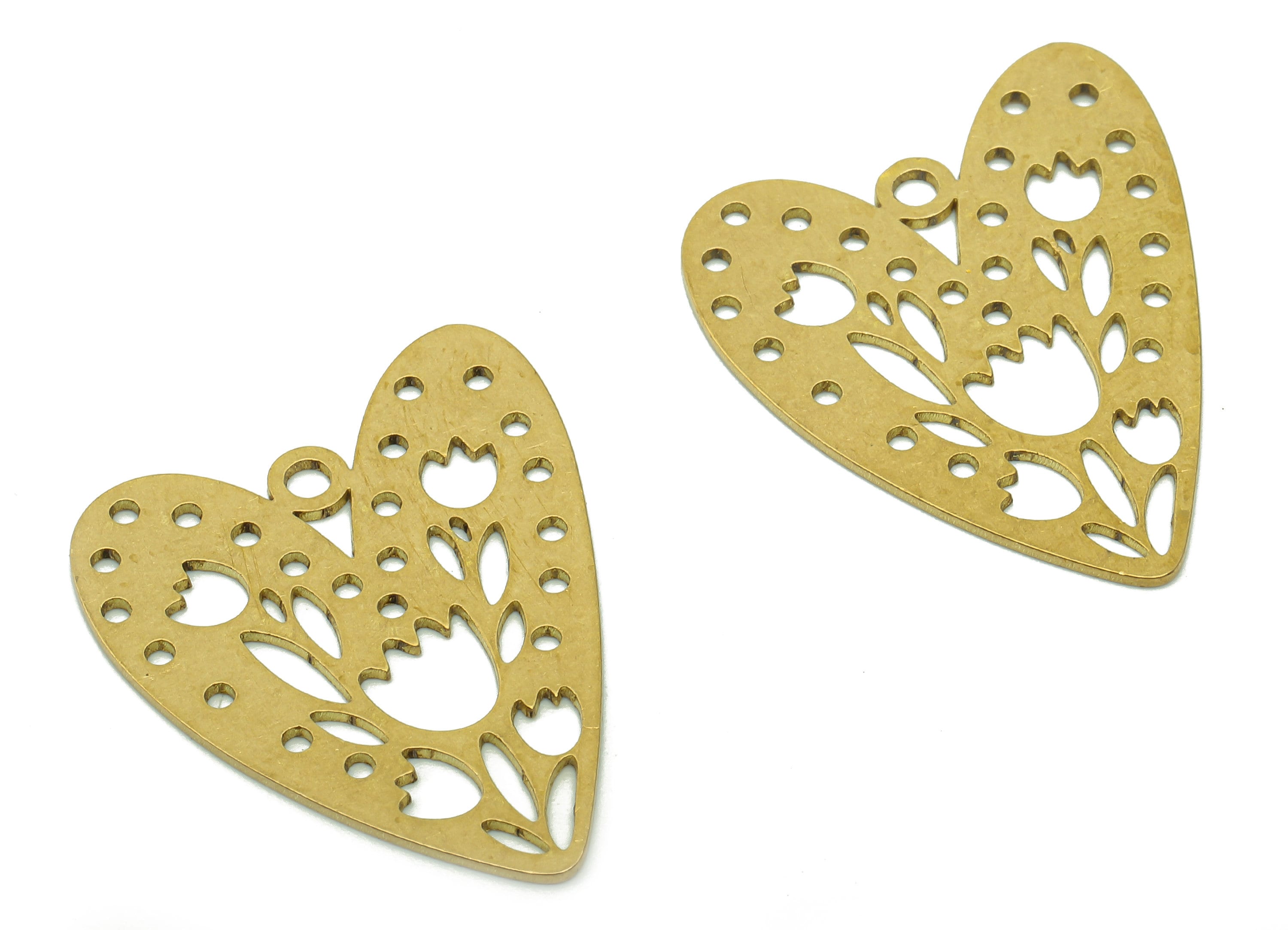 Brass Heart Flower Earring Charm - Raw Brass Round Cutout Earring - Tulip Pendant With Loop - Heart Charm - 29.9x23.9x0.7mm - PPA6262 - DOMEDBAZAAR