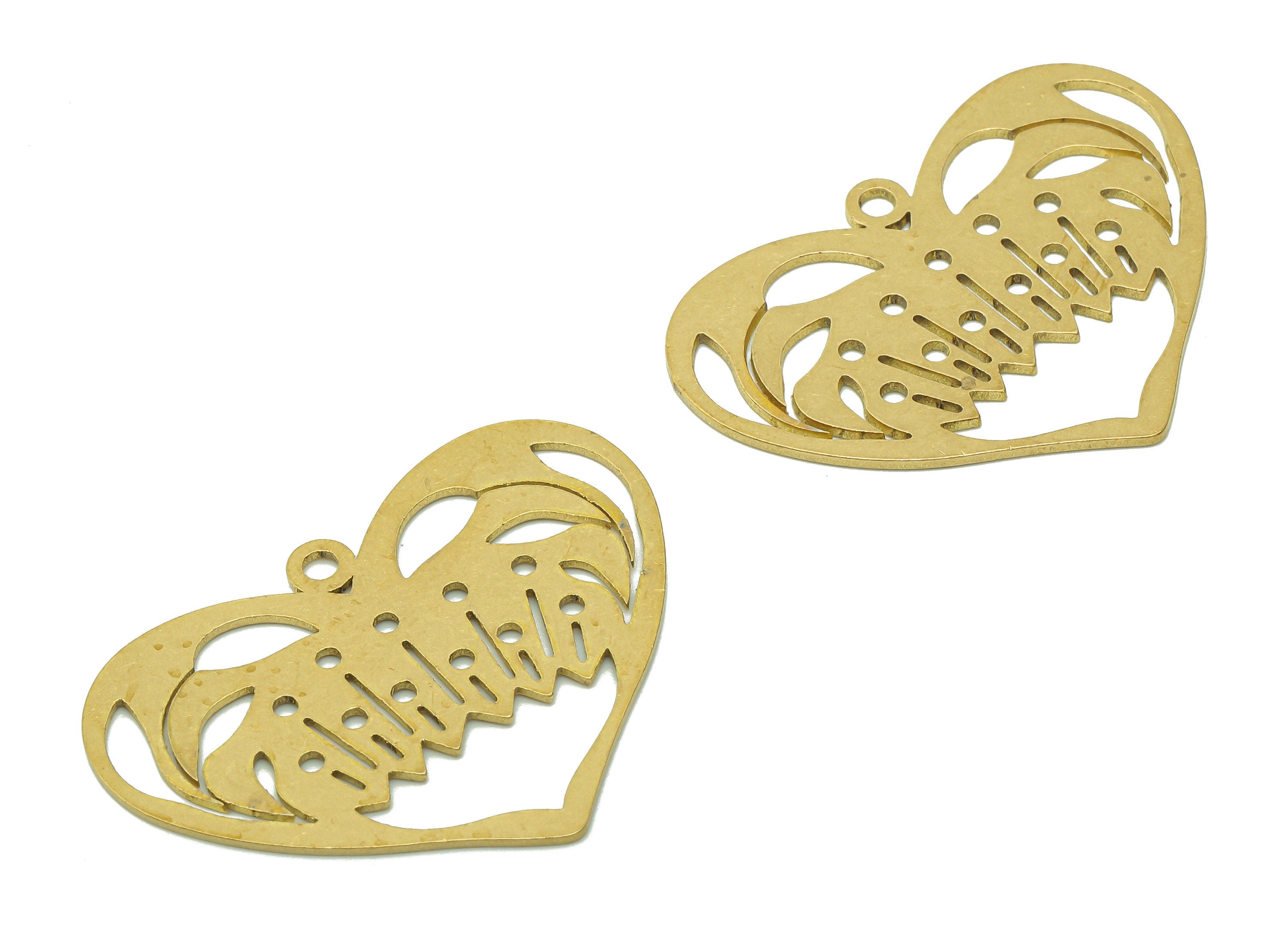 Brass Heart Flower Earring Charm - Raw Brass Monster Cutout Earring - Heart Pendant With Loop - Heart Charm - 35.8x26.3x0.8mm - PPA6270 - DOMEDBAZAAR