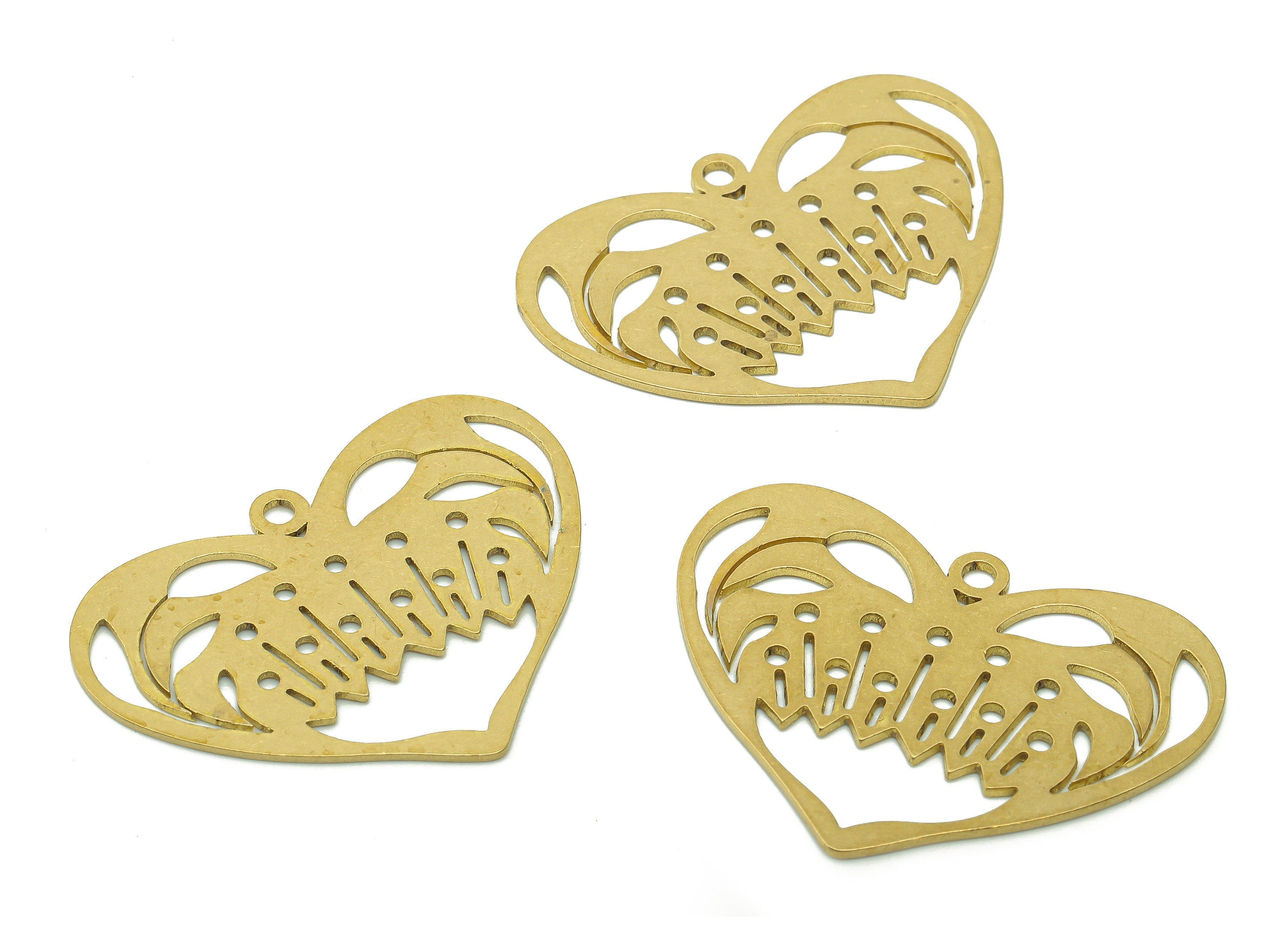 Brass Heart Flower Earring Charm - Raw Brass Monster Cutout Earring - Heart Pendant With Loop - Heart Charm - 35.8x26.3x0.8mm - PPA6270 - DOMEDBAZAAR