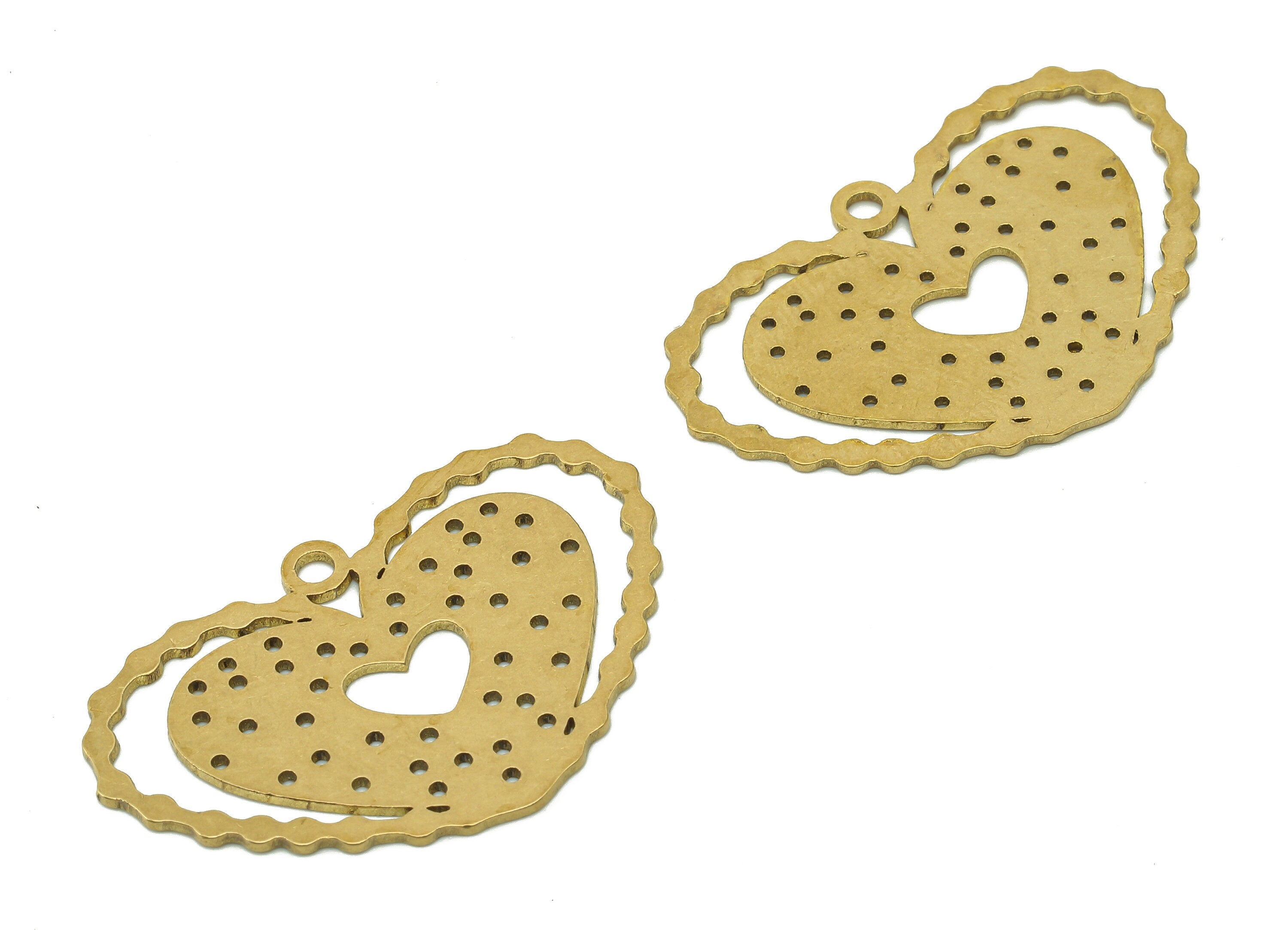 Brass Heart Dots Earring Charm - Raw Brass Bubbles Cutout Earring - Buble Pendant With Loop - Heart Charm - 35.8x25.6x0.7mm - PPA6271 - DOMEDBAZAAR