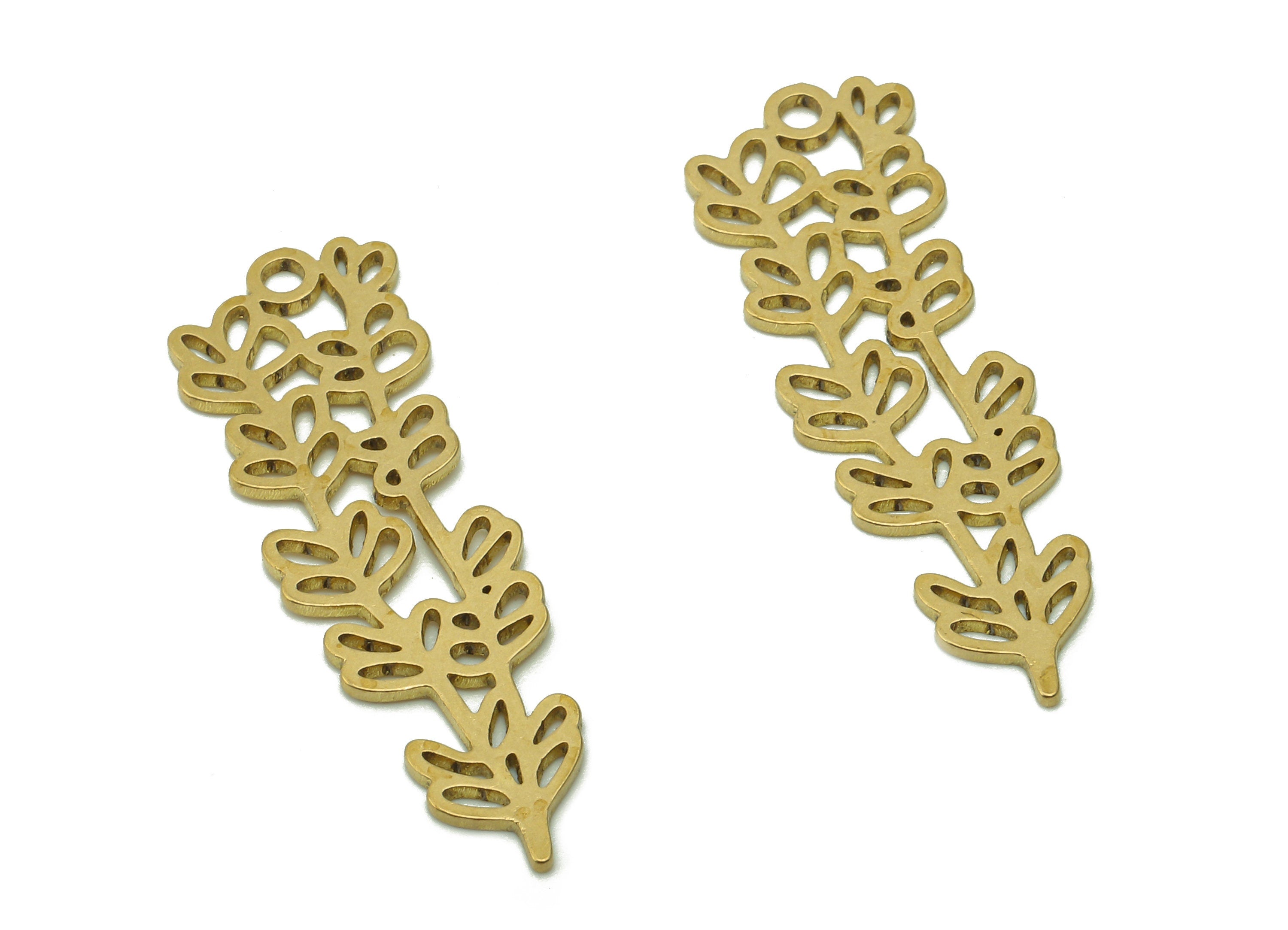 Brass Leaves Earring Charms - Raw Brass Plant Cutout Earring - Botanical Pendant With Loop - Leaf Branch Charm - 33.9x10.9x0.8mm - PPA6328 - DOMEDBAZAAR