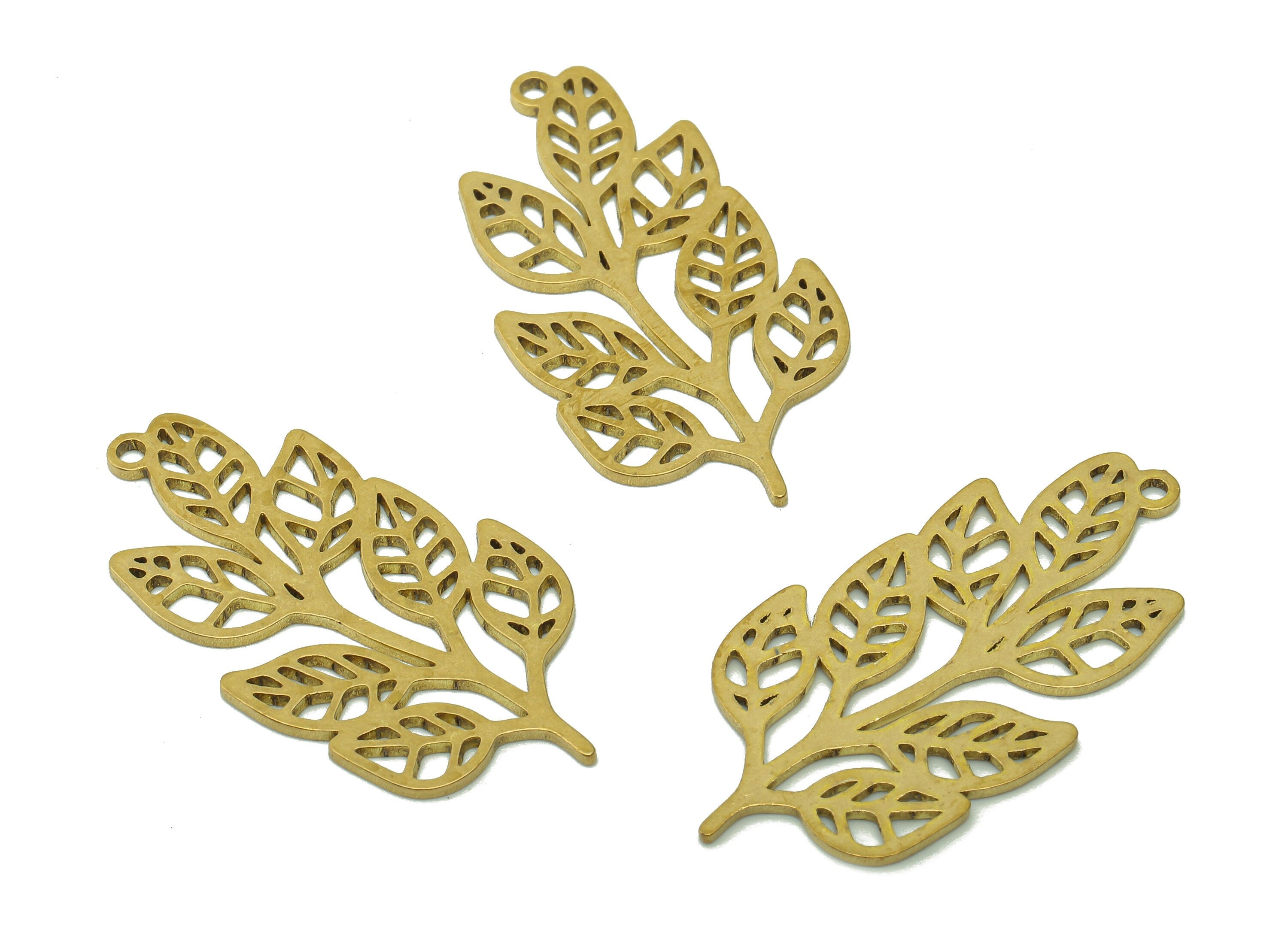 Brass Leaves Rib Earring Charms - Raw Brass Plant Earring - Botanical Pendant With Loop - Leaf Nervure Charm - 35.7x18.7x0.8mm - PPA6345 - DOMEDBAZAAR