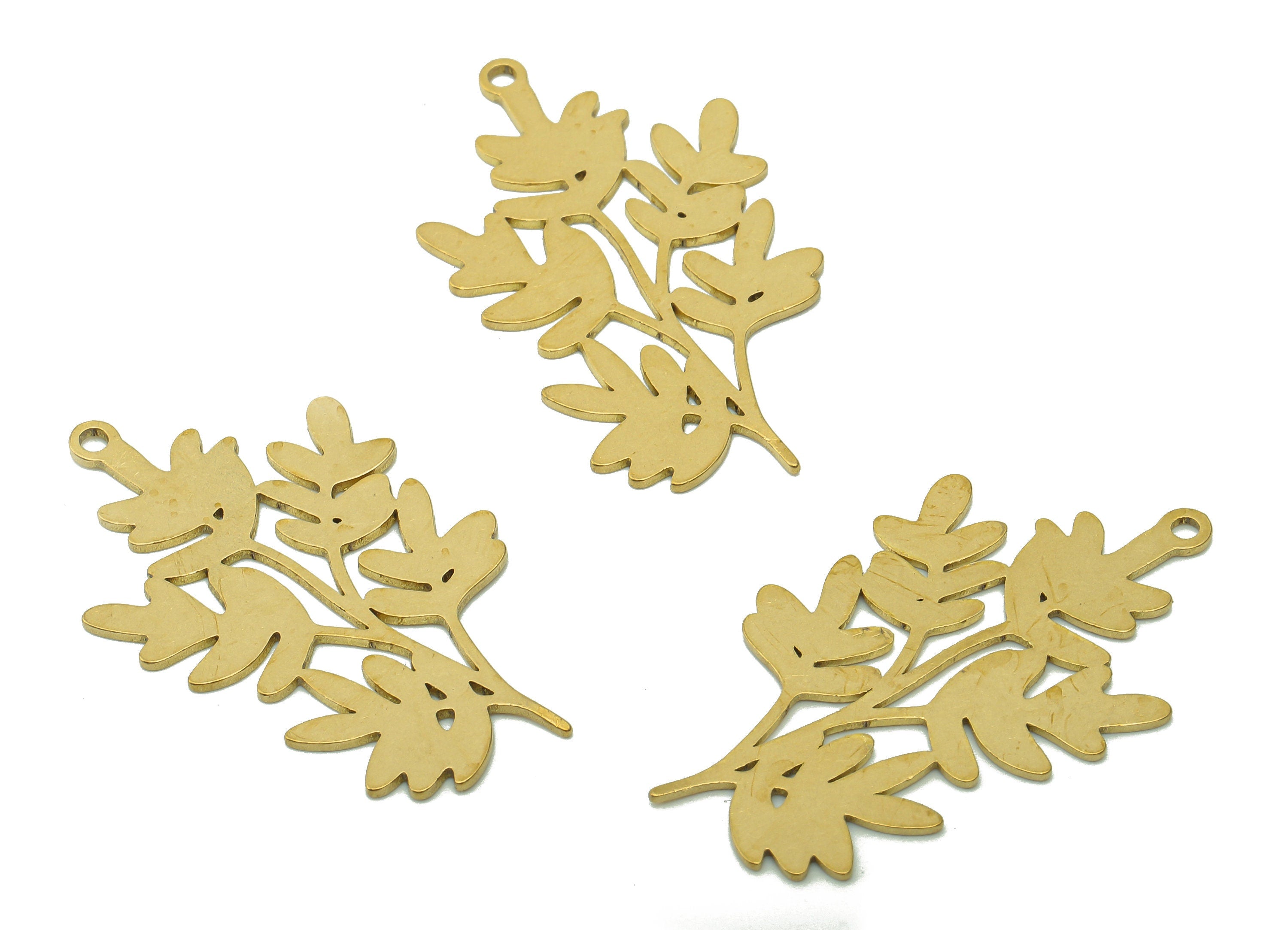 Brass Leaves Earring Charms - Raw Brass Plant Branch Earring - Botanical Pendant With Loop - Tree Leaf For Necklace -37.8x21.8x0.8mm-PPA6343 - DOMEDBAZAAR