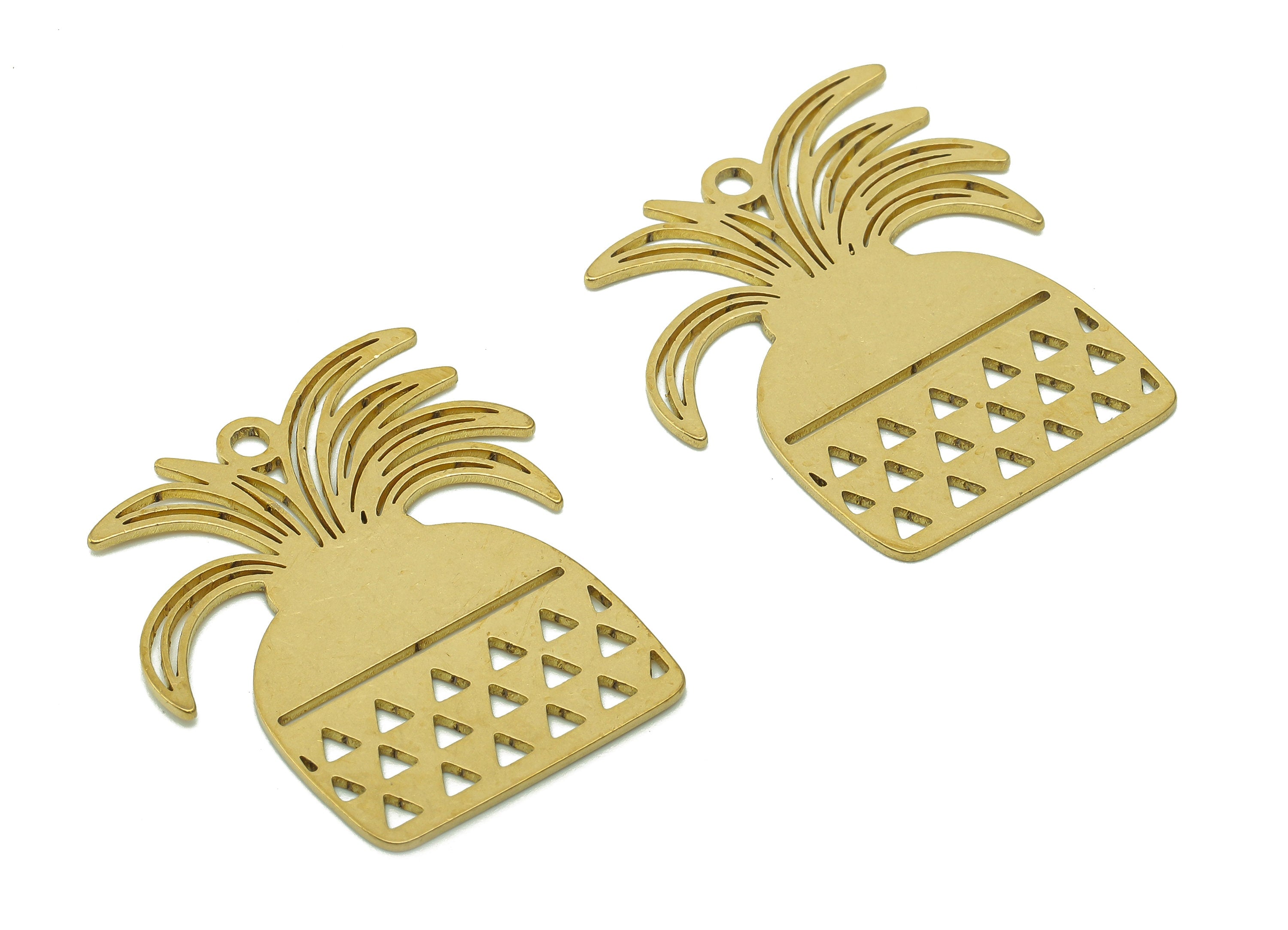 Brass Pineapple Earring Charms - Raw Brass Flower Pot Earring - Botanical Pendant With Loop - Fruit For Necklace - 31.8x28.4x0.8mm - PPA6347 - DOMEDBAZAAR