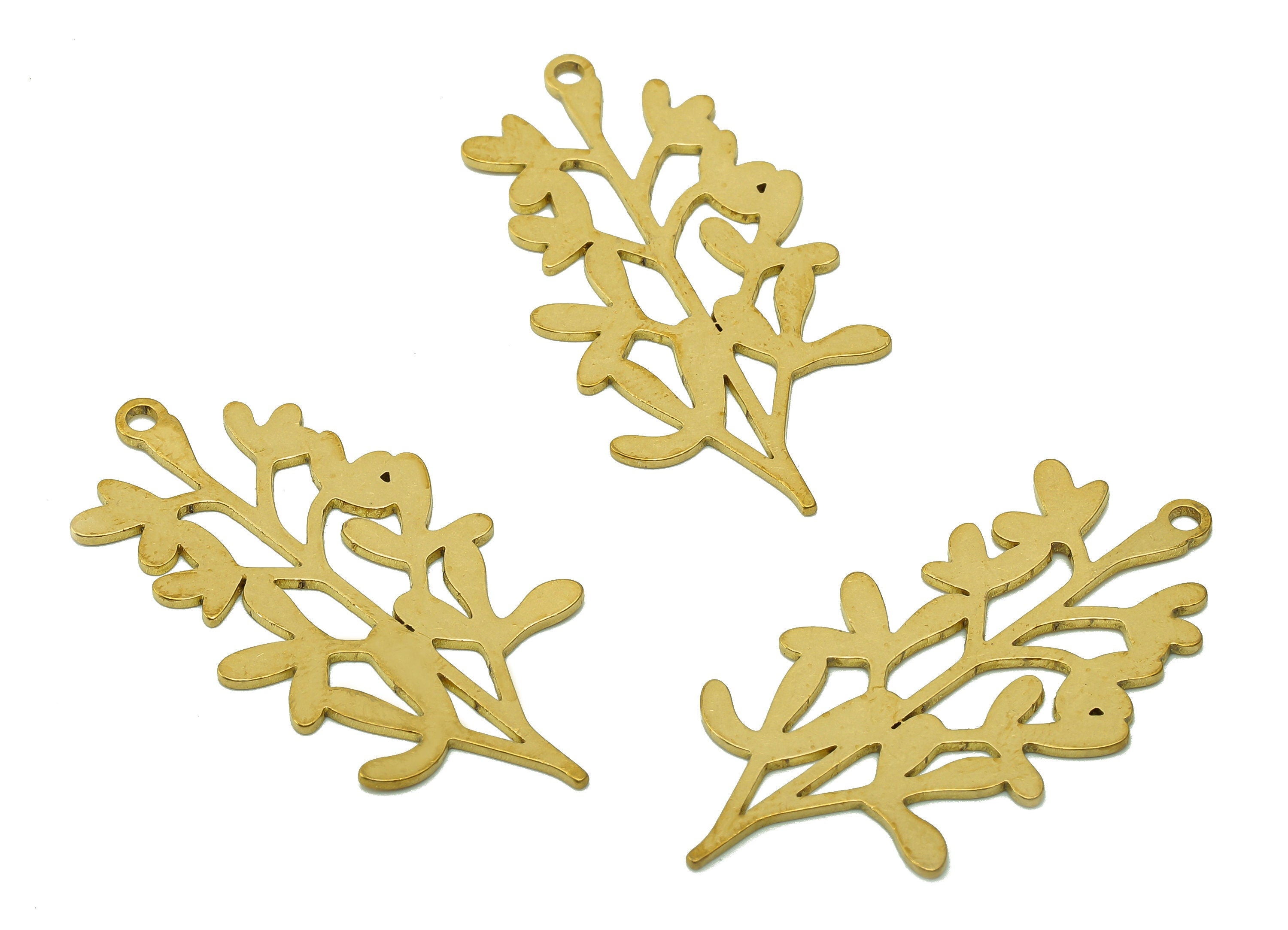 Brass Leaves Earring Charms - Raw Brass Plant Earring - Botanical Pendant With Loop - Tree Leaf Branch Charm - 37.8x18.6x0.8mm - PPA6350 - DOMEDBAZAAR