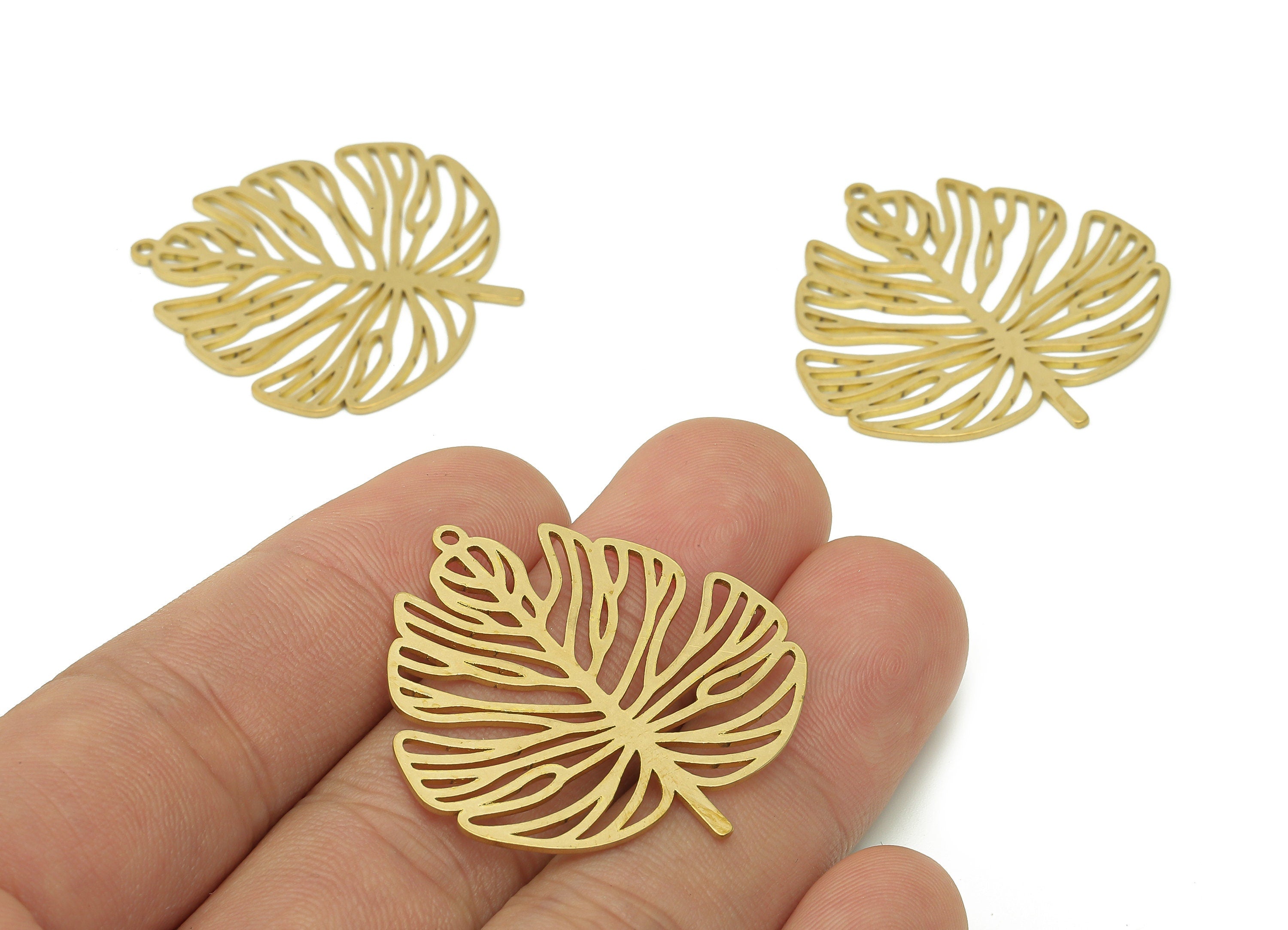 Brass Monstera Leaves Earring Charm - Raw Brass Leaf Cutout Earring - Plant Pendant With Loop - Botanical Charm - 36x34.7x0.8mm - PPA6576 - DOMEDBAZAAR