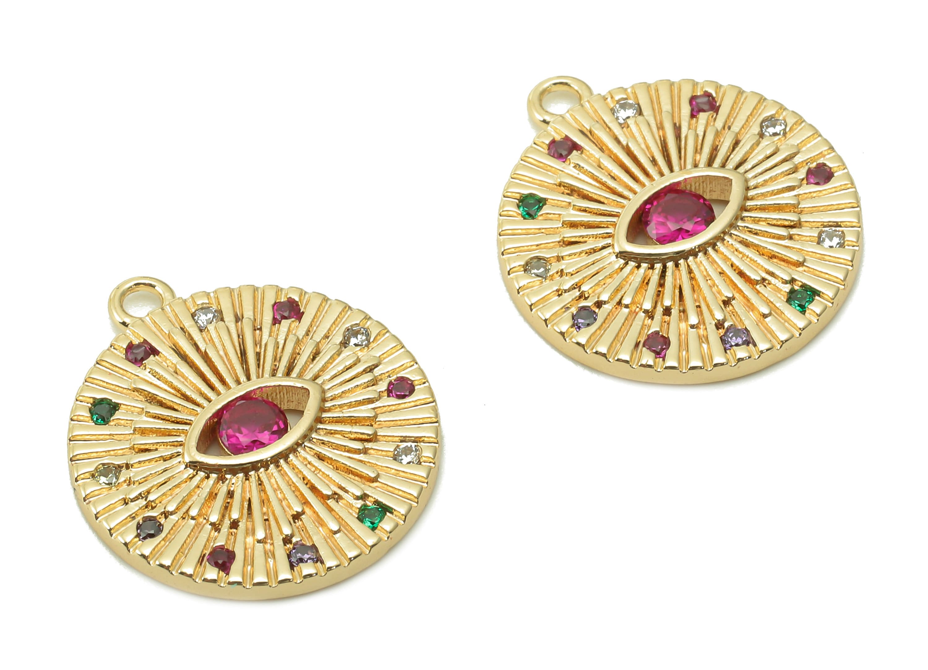 Brass Round Eye Charm - Rainbow Zircon Textured Earring - Eyelash Circle Pendant With Loop - 18K Real Gold Plating - 18x15.7x2.1mm - RGP5355 - DOMEDBAZAAR