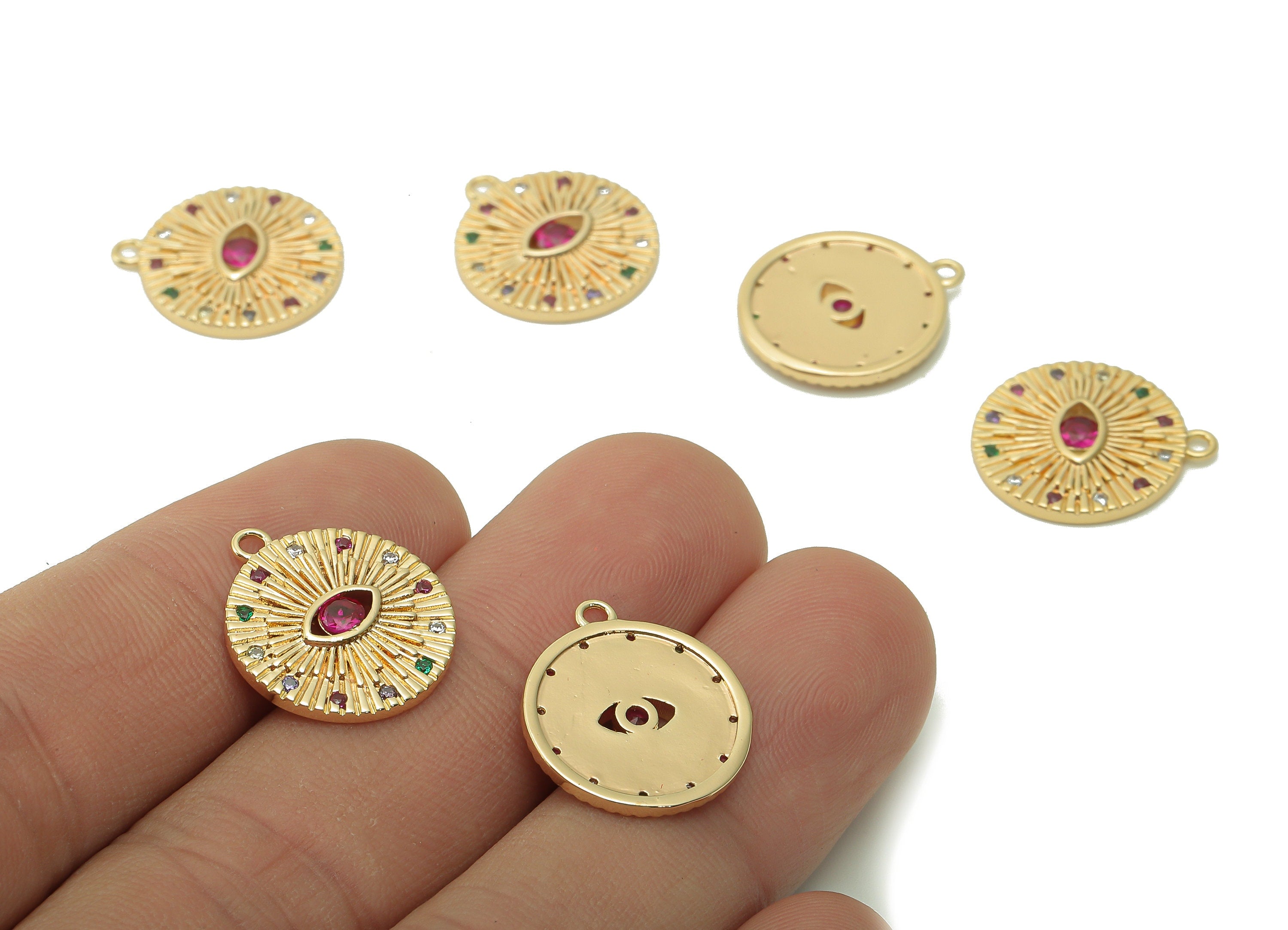 Brass Round Eye Charm - Rainbow Zircon Textured Earring - Eyelash Circle Pendant With Loop - 18K Real Gold Plating - 18x15.7x2.1mm - RGP5355 - DOMEDBAZAAR
