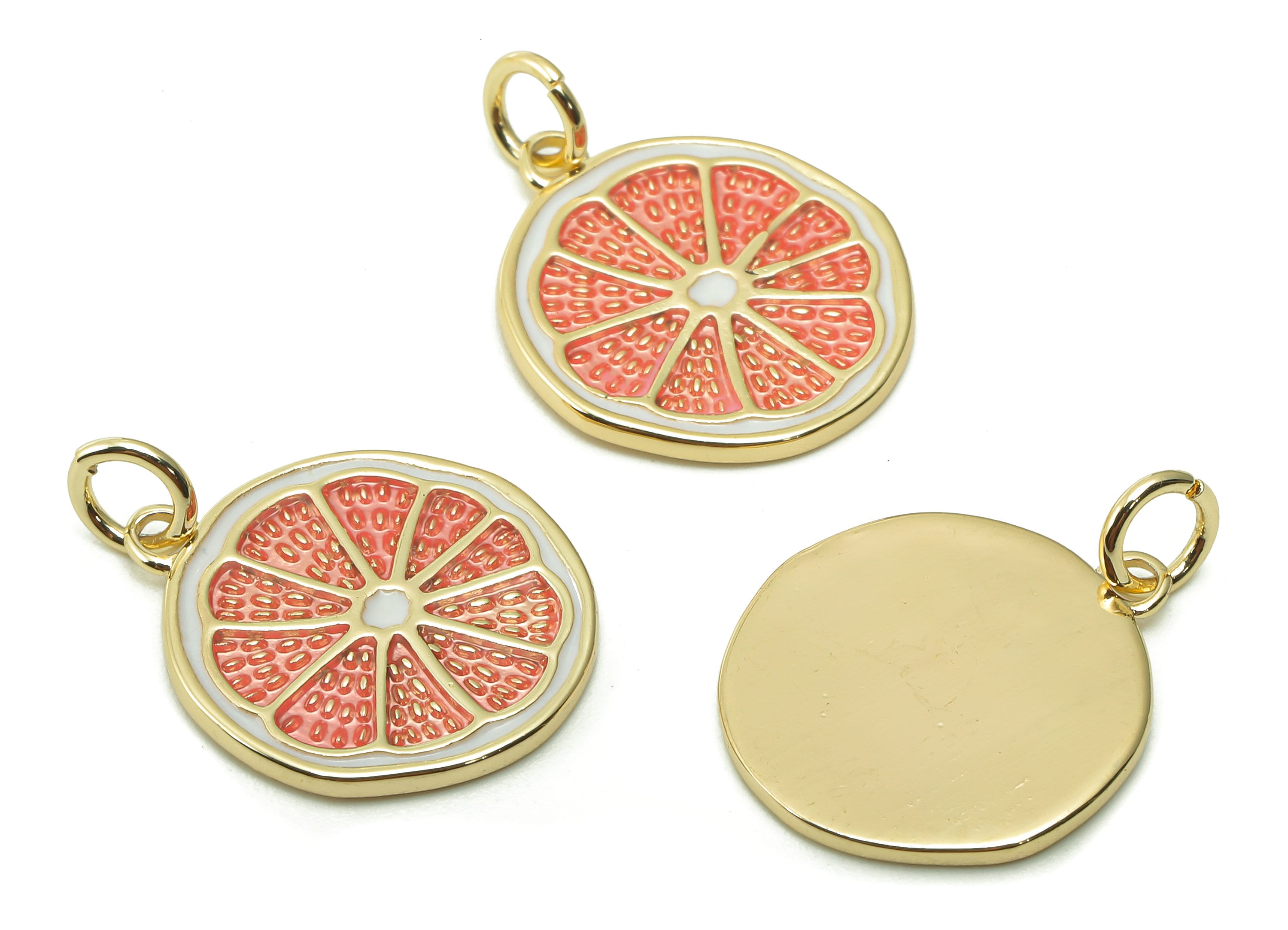 Brass Lemon Slices Earring Charm - Enamel Pink Fruit Earring - Round Pendant With Loop - 18K Real Gold Plating - 20.6x15.3x1.2mm -RGP5356A - DOMEDBAZAAR
