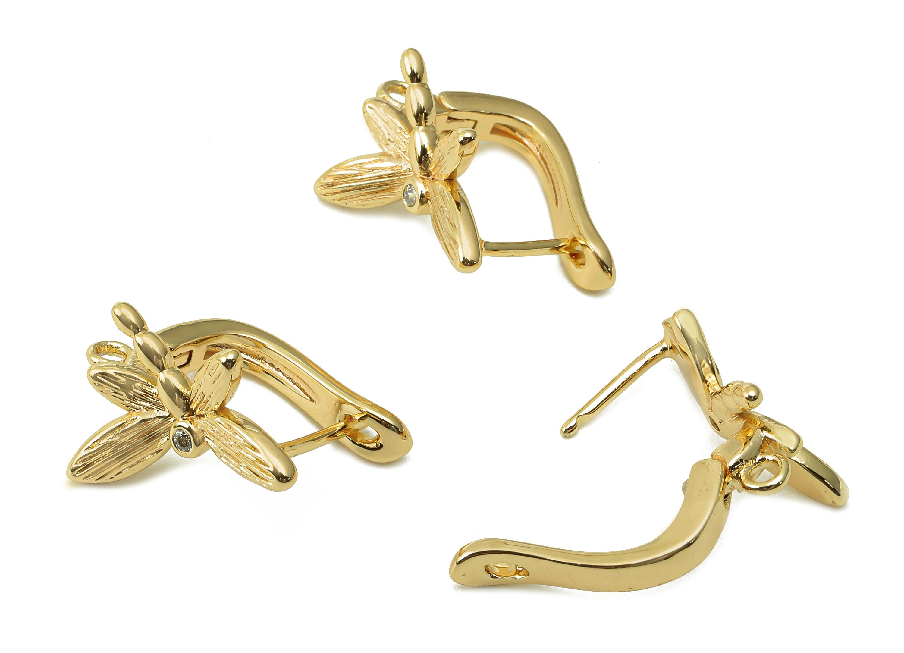 Brass Dragonfly Earring Clasps - Gold Huggie Earring - Brass Huggie Earring With loop - 18K Real Gold Plating - 17.5x12.4x1.8mm - RGP5360 - DOMEDBAZAAR