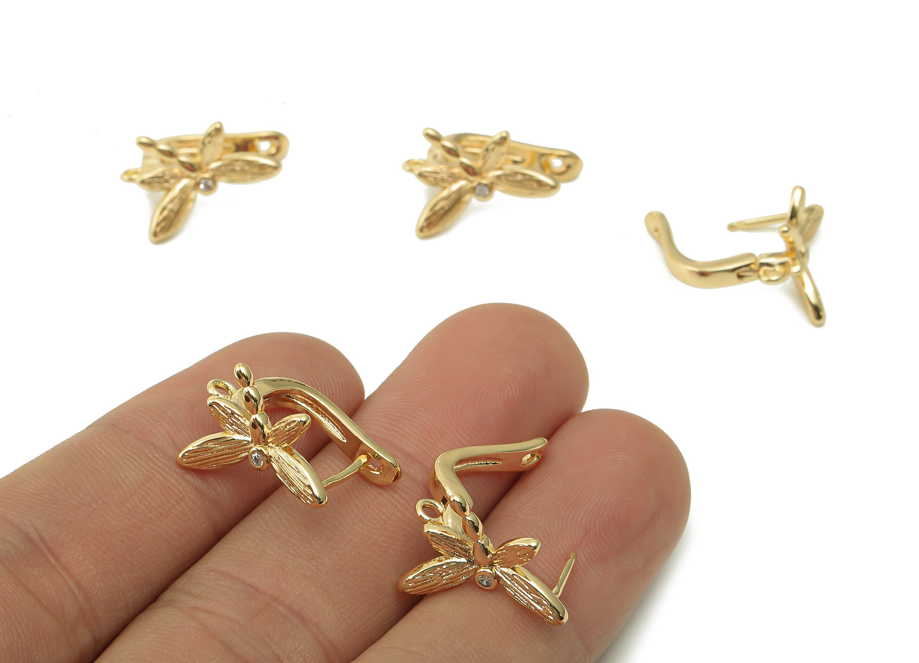 Brass Dragonfly Earring Clasps - Gold Huggie Earring - Brass Huggie Earring With loop - 18K Real Gold Plating - 17.5x12.4x1.8mm - RGP5360 - DOMEDBAZAAR