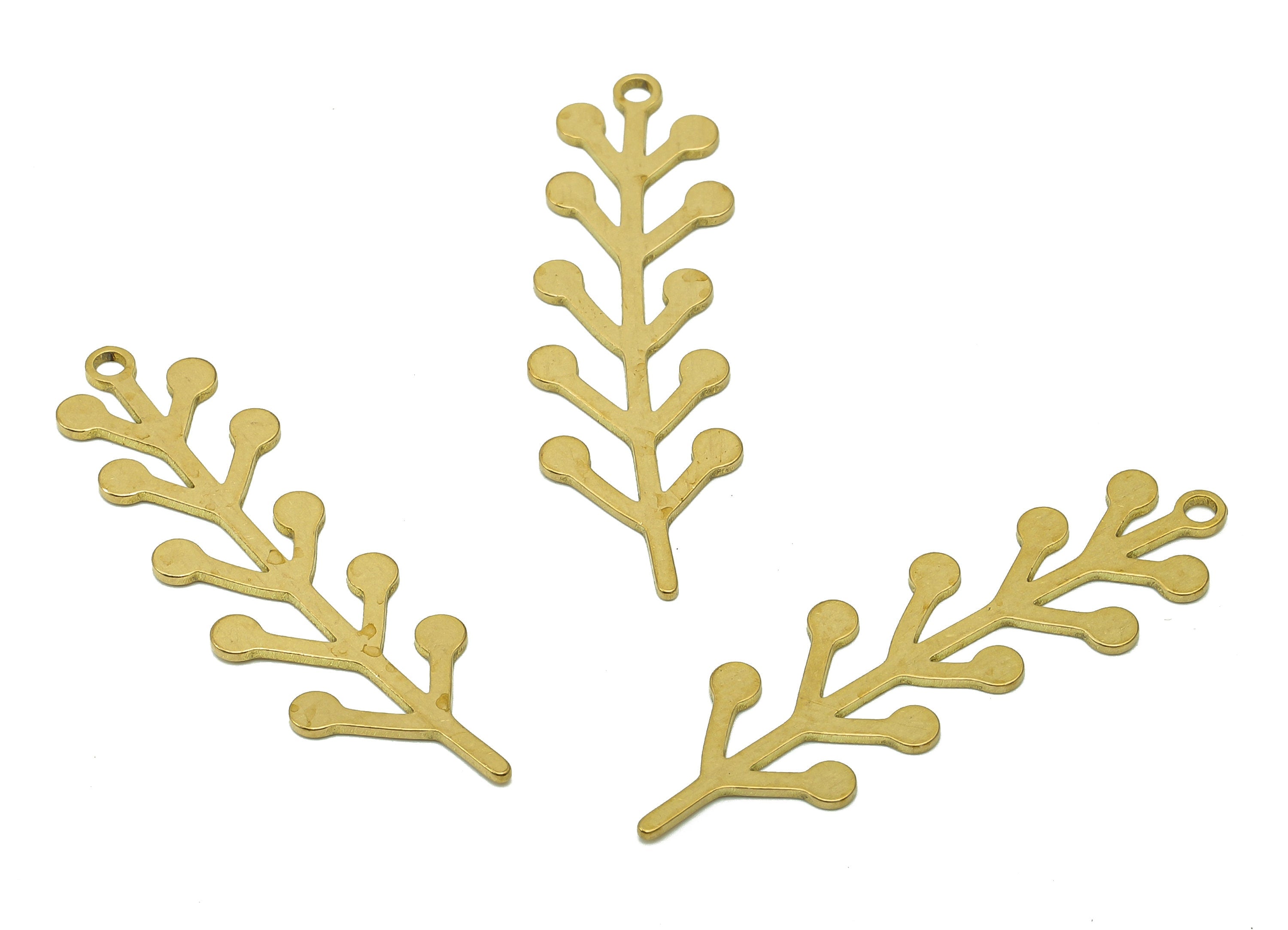 Brass Flower Earring Charms - Raw Brass Flower Earring - Branch Pendant With Loop - Botanical Charm For Necklace - 37.7x10.9x0.7mm - PPA6591 - DOMEDBAZAAR