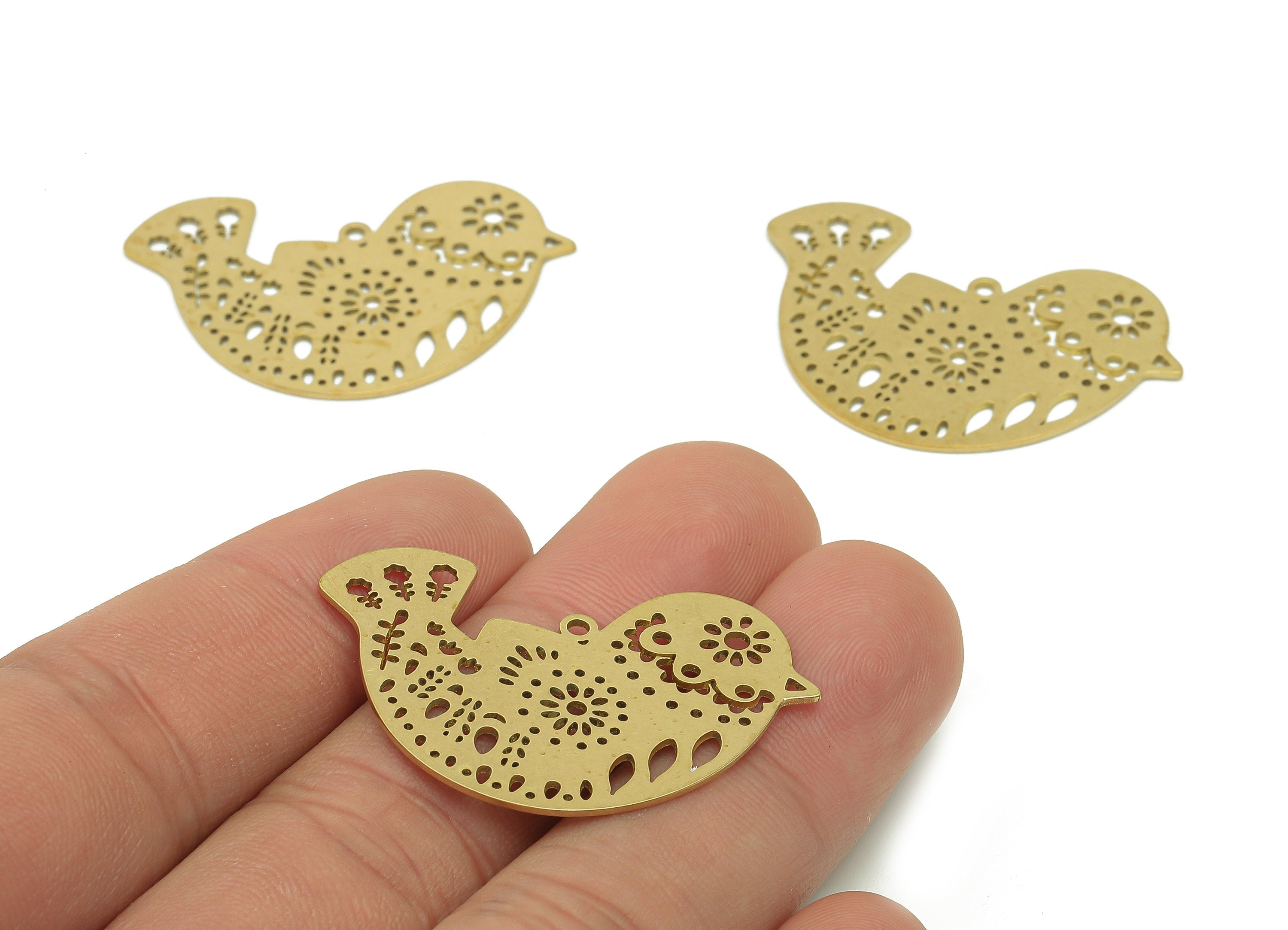Brass Bird Flower Earring Charm - Raw Brass Sun Clouds Earrings - Dot Pendant With Loop - Sparrow Charms - 37.3x24.9x0.7mm - PPA6604 - DOMEDBAZAAR