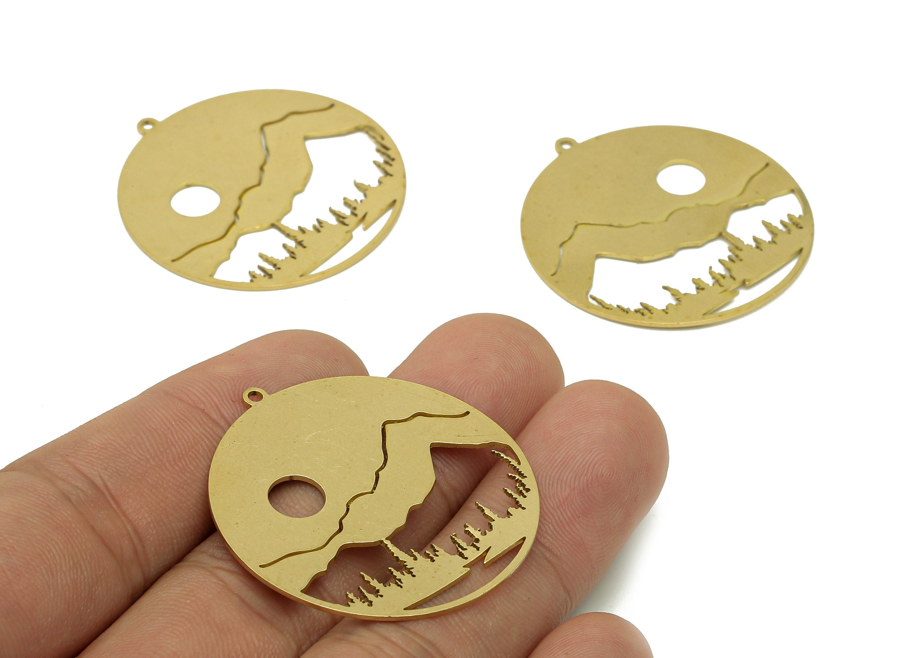 Brass Round Landscape Earring Charm - Raw Brass Circle Earring - Pine Trees Pendant With Loop - Sun Mountain Charm - 37.7x35.6x0.7mm-PPA6610 - DOMEDBAZAAR