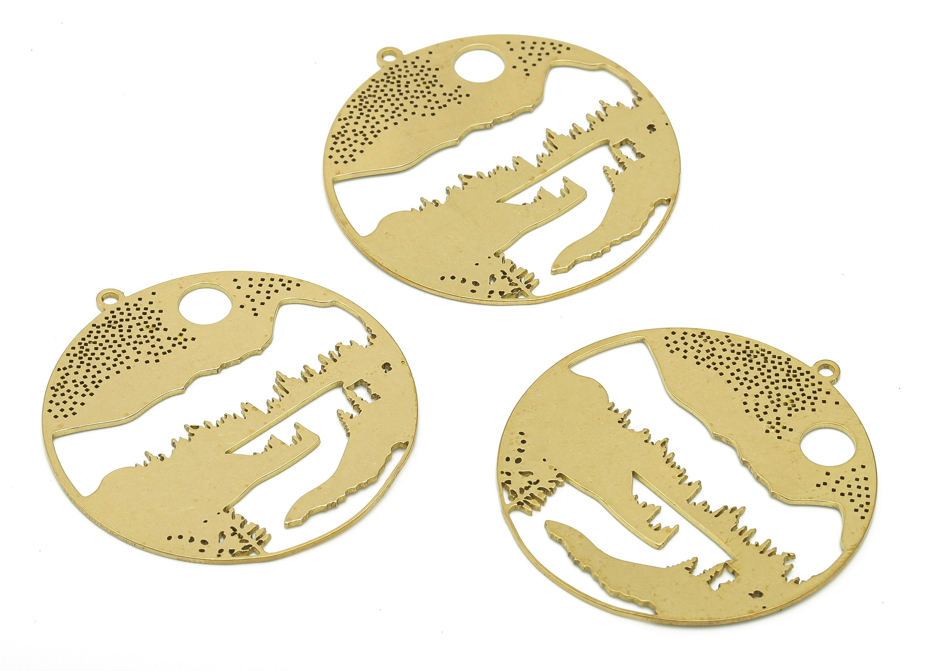 Brass Round Landscape Earring - Raw Brass Circle Sun Earring - Mountain Tree Pendant With Loop - River Dot Charm - 37.1x35.7x0.7mm - PPA6623 - DOMEDBAZAAR
