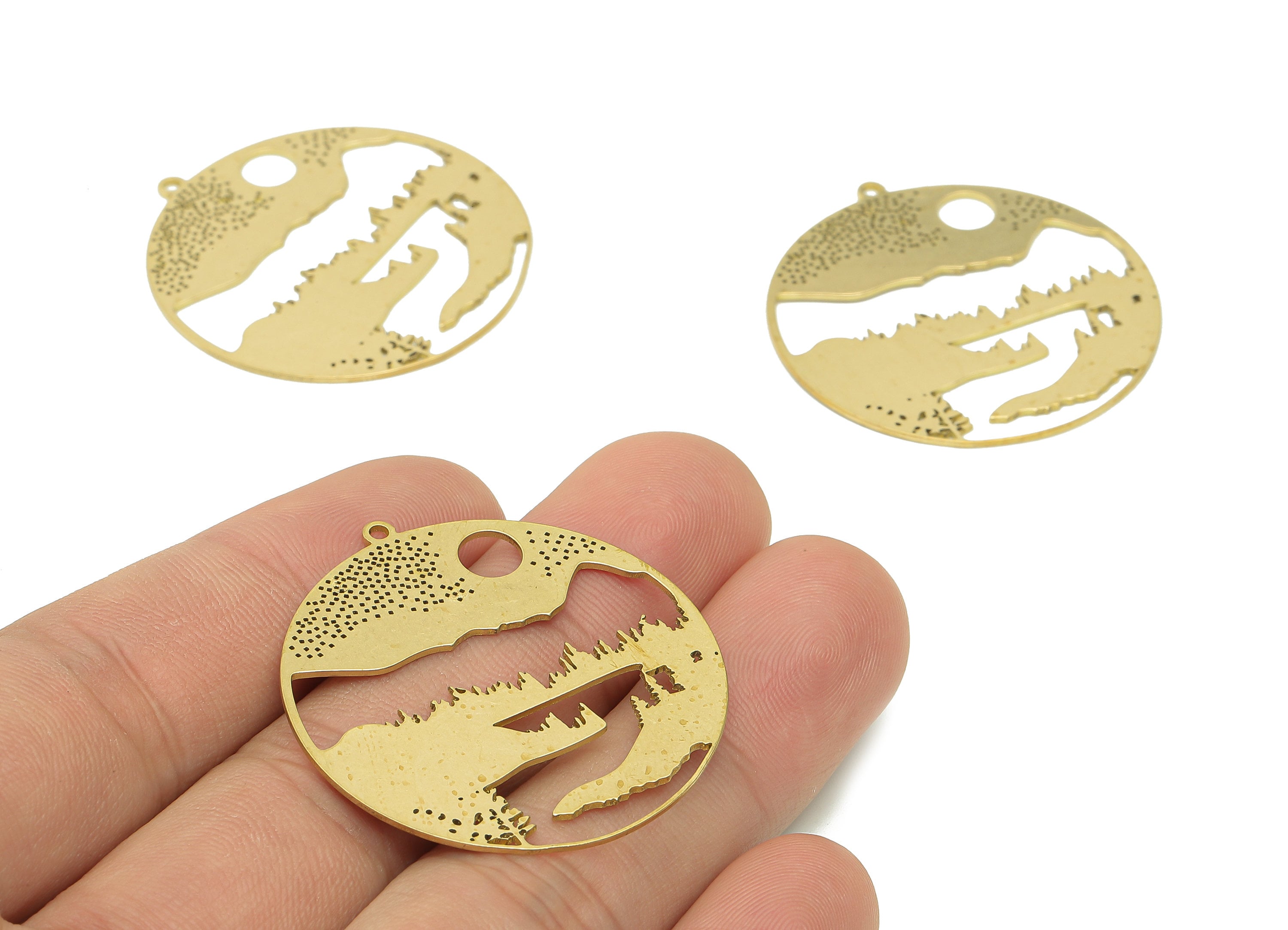 Brass Round Landscape Earring - Raw Brass Circle Sun Earring - Mountain Tree Pendant With Loop - River Dot Charm - 37.1x35.7x0.7mm - PPA6623 - DOMEDBAZAAR