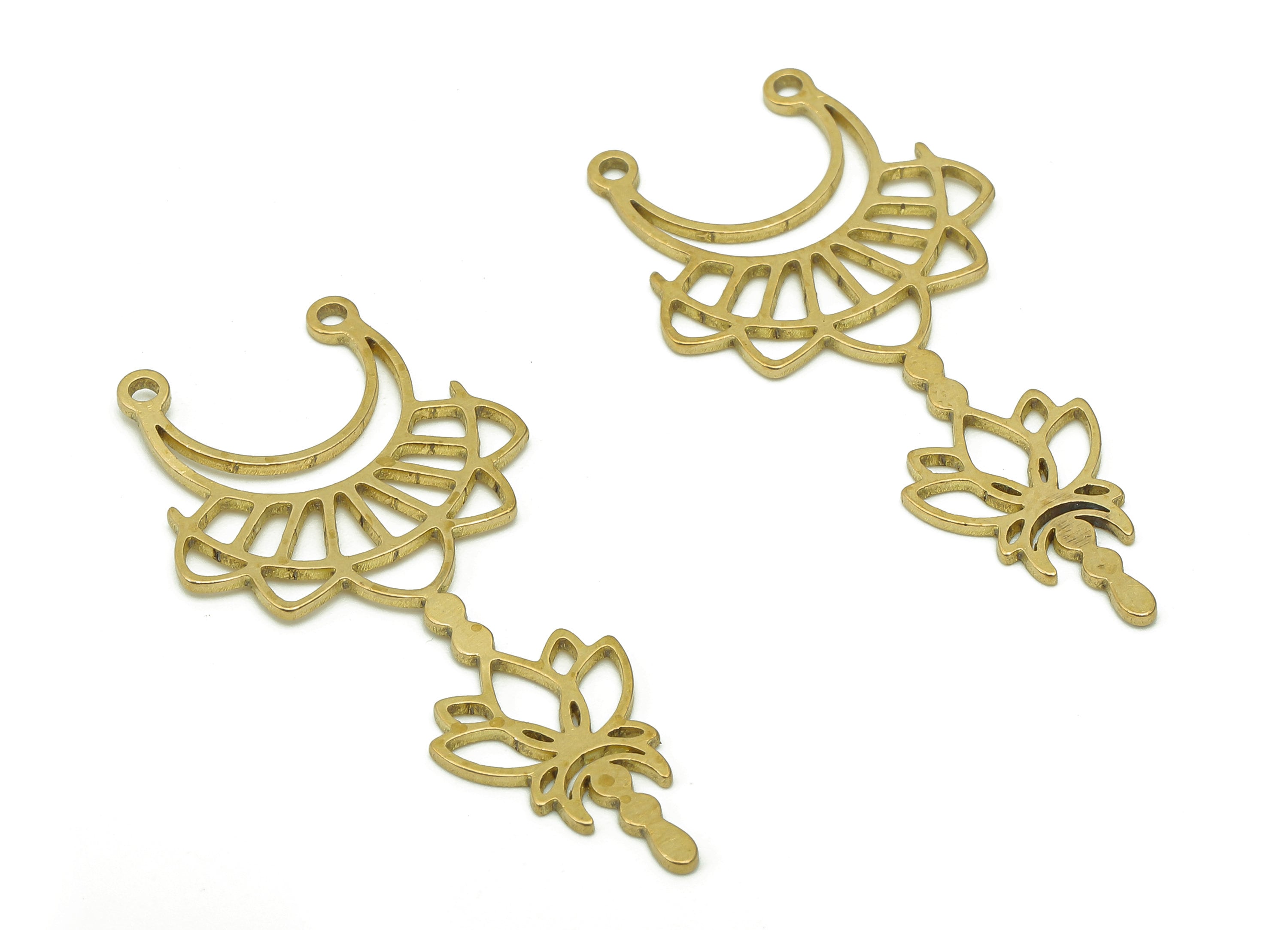 Brass Flower Lotus Connector - Raw Brass Crescent Cutout Earring - Flower Pendant With 2 Loops - Earring Charms - 37.9x18x0.8mm - PPA6630 - DOMEDBAZAAR