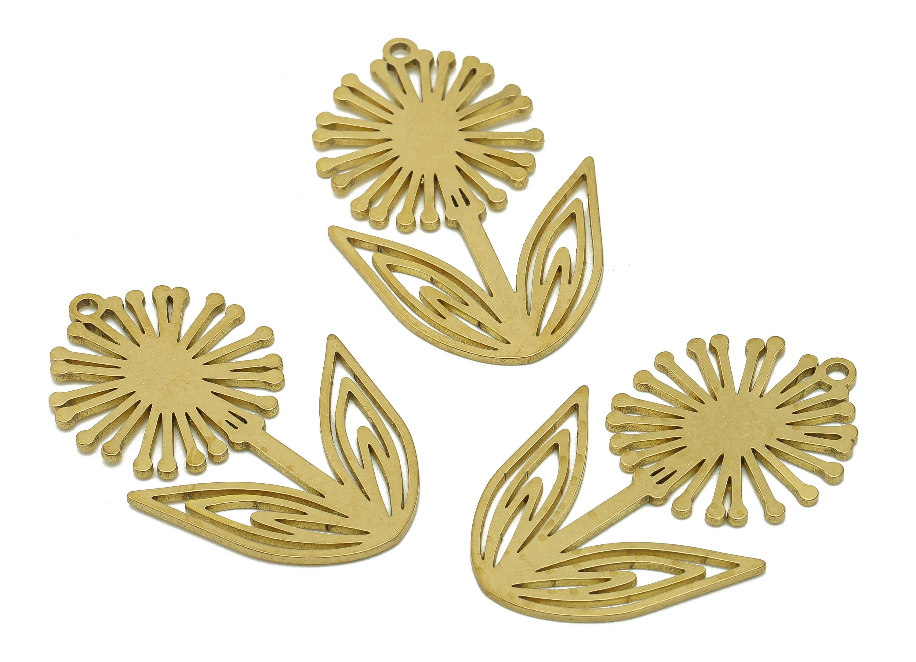 Brass Dandelion Earring Charms - Raw Brass Flower Earring - Pendant With Loop - Botanical Charm For Necklace - 37.8x23.8x0.9mm - PPA5782 - DOMEDBAZAAR
